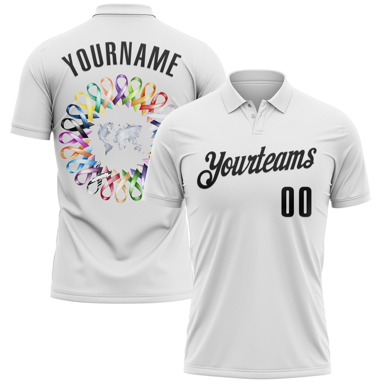 Custom White Black 3D Pattern Design Ribbon Cancer Awareness World Cancer Day Performance Polo Shirt - Main View
