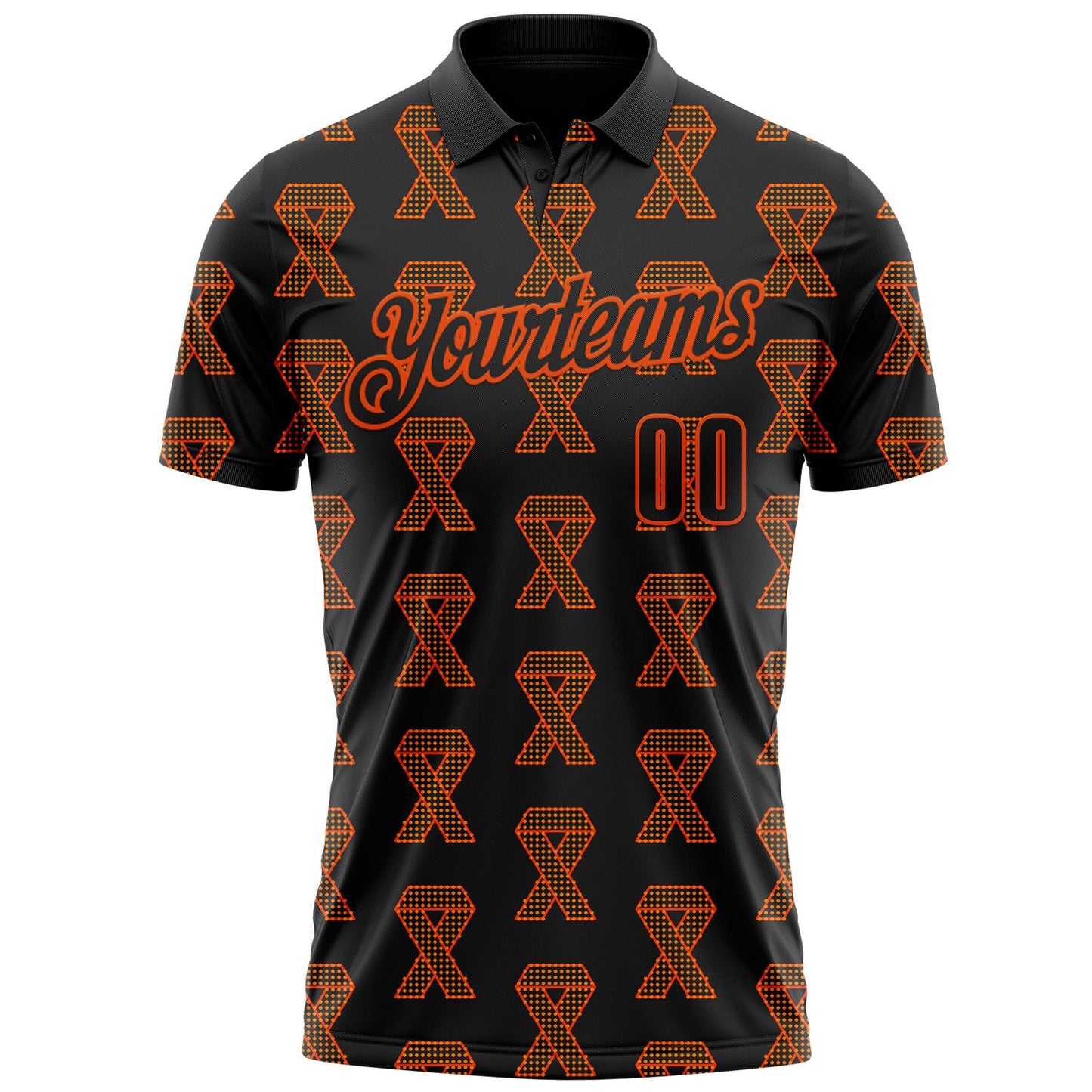 Custom Black Orange 3D Pattern Design Orange Ribbon Kidney Cancer Awareness Performance Polo Shirt view 2
