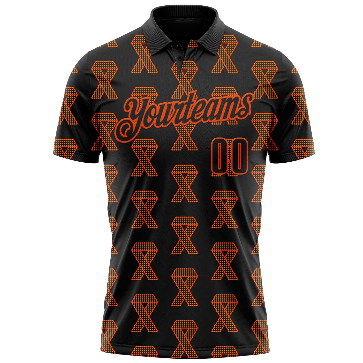 Custom Black Orange 3D Pattern Design Orange Ribbon Kidney Cancer Awareness Performance Polo Shirt view 2