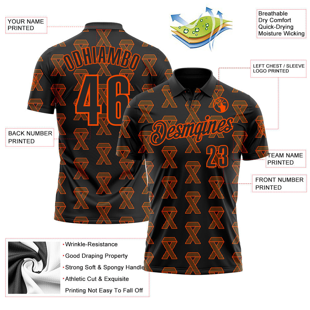 Custom Black Orange 3D Pattern Design Orange Ribbon Kidney Cancer Awareness Performance Polo Shirt view 3