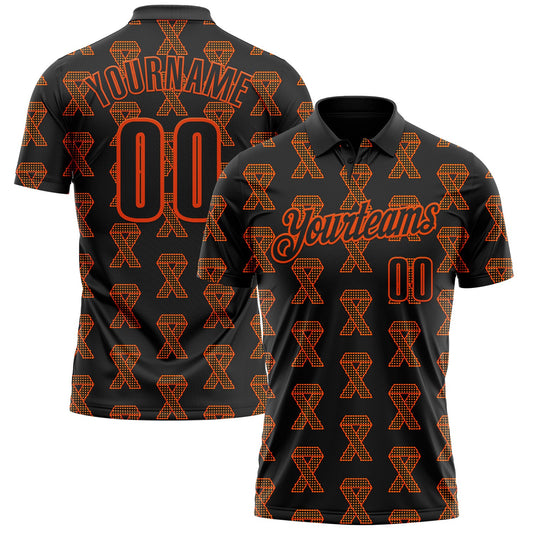 Custom Black Orange 3D Pattern Design Orange Ribbon Kidney Cancer Awareness Performance Polo Shirt - Main View