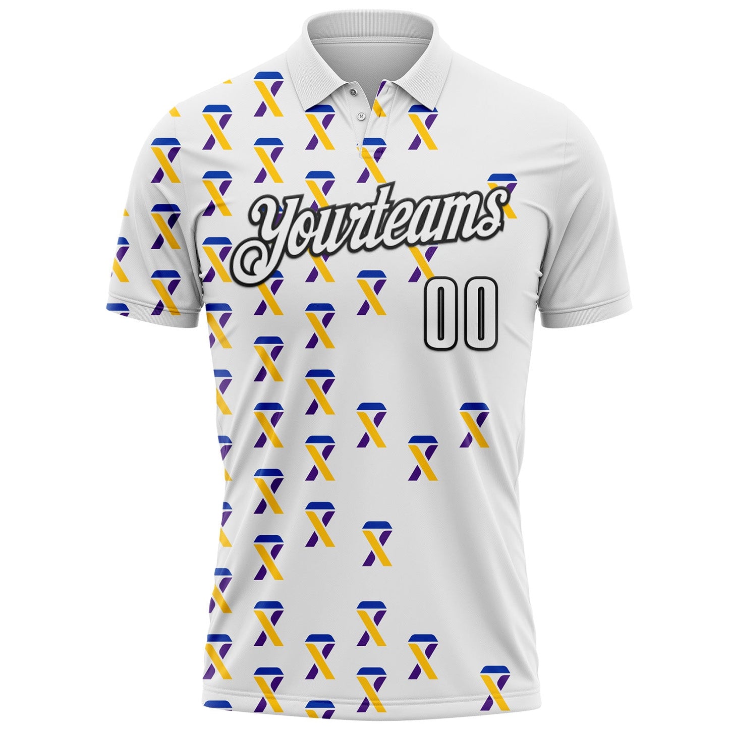 Custom White Black 3D Pattern Design Yellow Purple And Navy Ribbon Bladder Cancer Awareness Performance Polo Shirt view 2