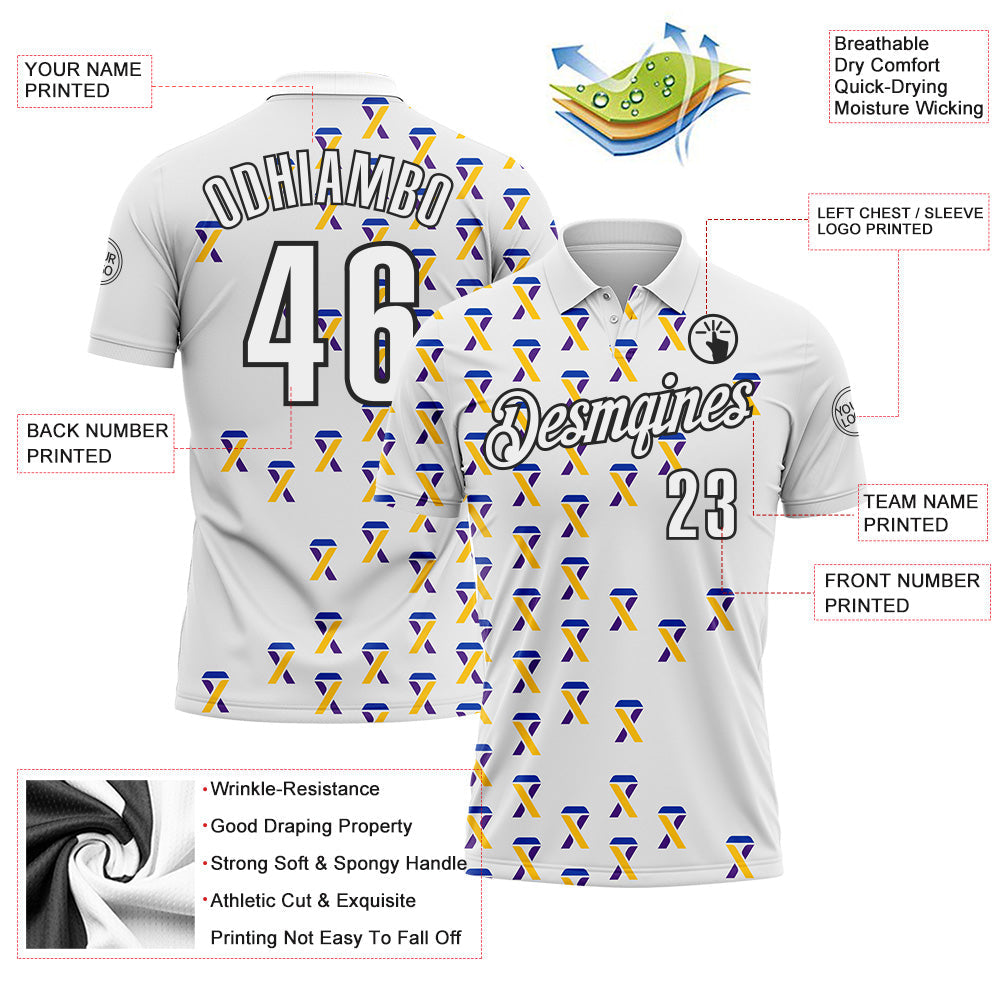 Custom White Black 3D Pattern Design Yellow Purple And Navy Ribbon Bladder Cancer Awareness Performance Polo Shirt view 3