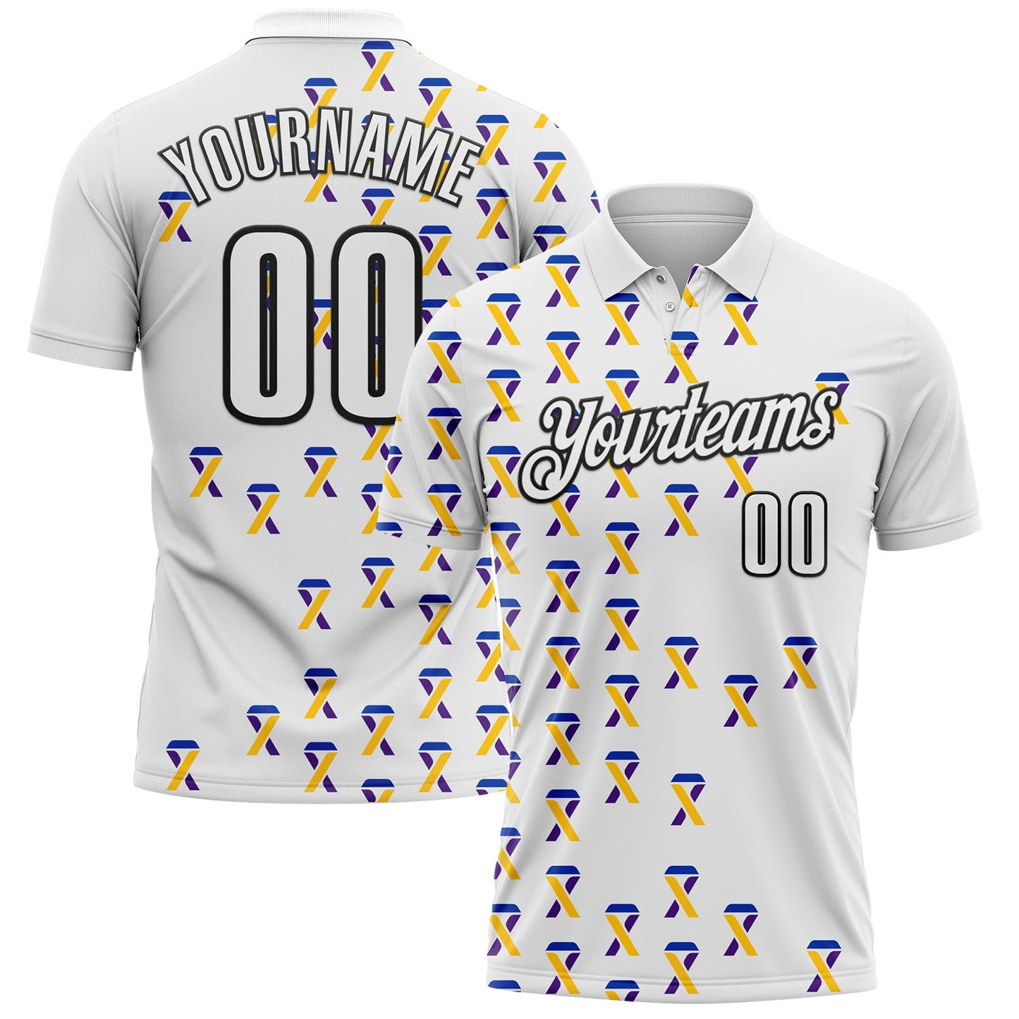 Custom White Black 3D Pattern Design Yellow Purple And Navy Ribbon Bladder Cancer Awareness Performance Polo Shirt - Main View