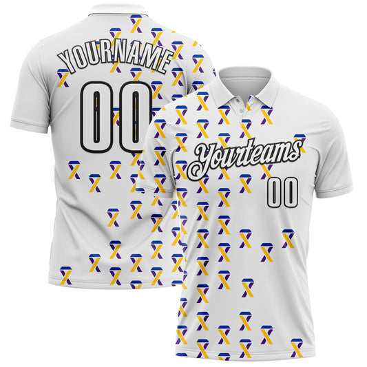 Custom White Black 3D Pattern Design Yellow Purple And Navy Ribbon Bladder Cancer Awareness Performance Polo Shirt - Main View