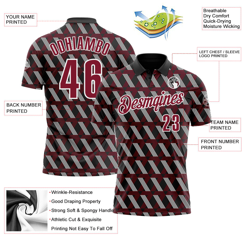 Custom Black Crimson-White 3D Pattern Design Burgundy And White Ribbon Head And Neck Cancer Cancer Awareness Performance Polo Shirt view 3