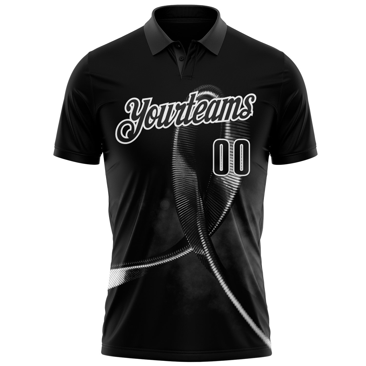 Custom Black White 3D Pattern Design Black Ribbon Skin Cancer Cancer Awareness Performance Polo Shirt view 2
