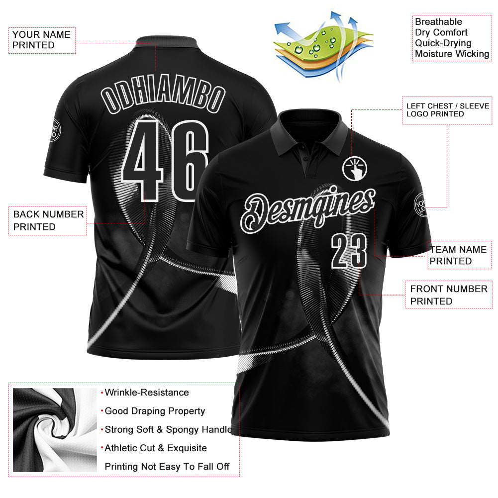 Custom Black White 3D Pattern Design Black Ribbon Skin Cancer Cancer Awareness Performance Polo Shirt view 3