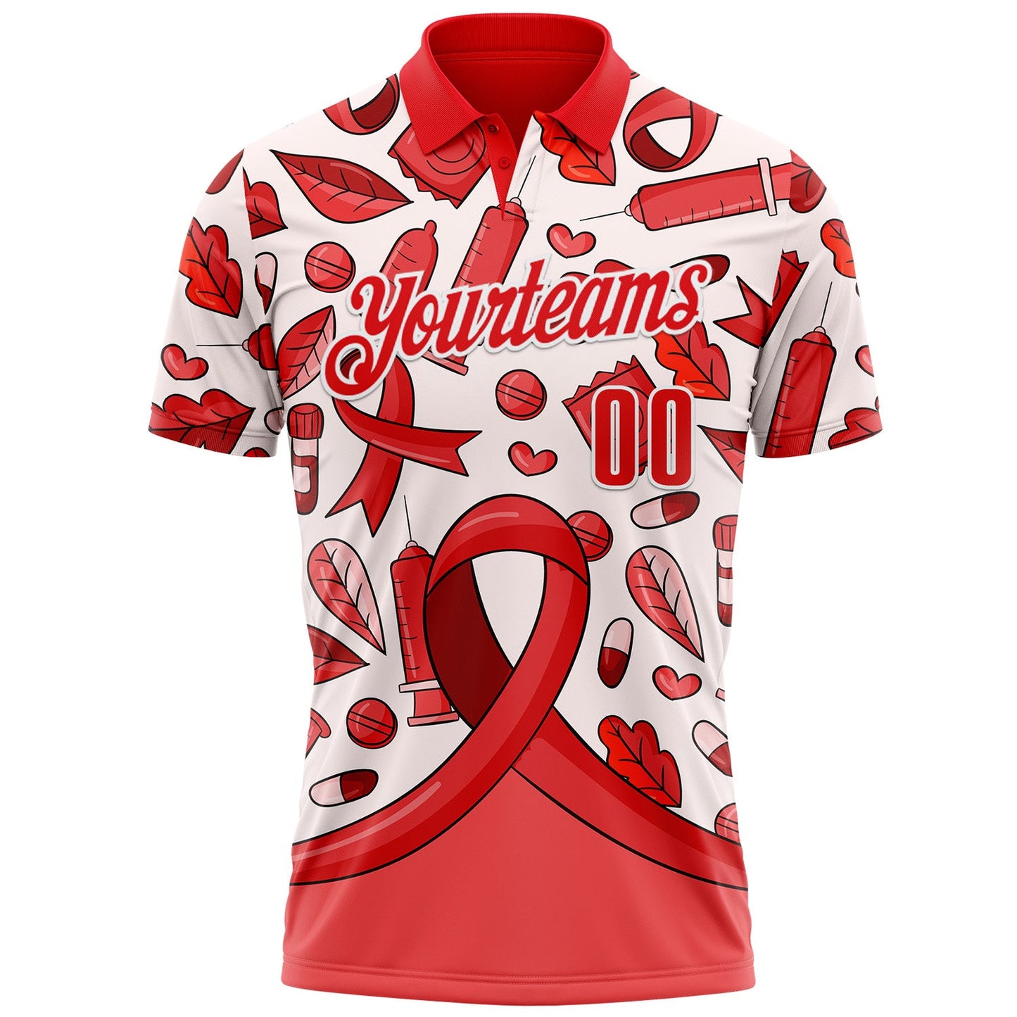 Custom Fire Red White 3D Pattern Design Red Ribbon Blood Cancer Cancer Awareness Performance Polo Shirt view 2