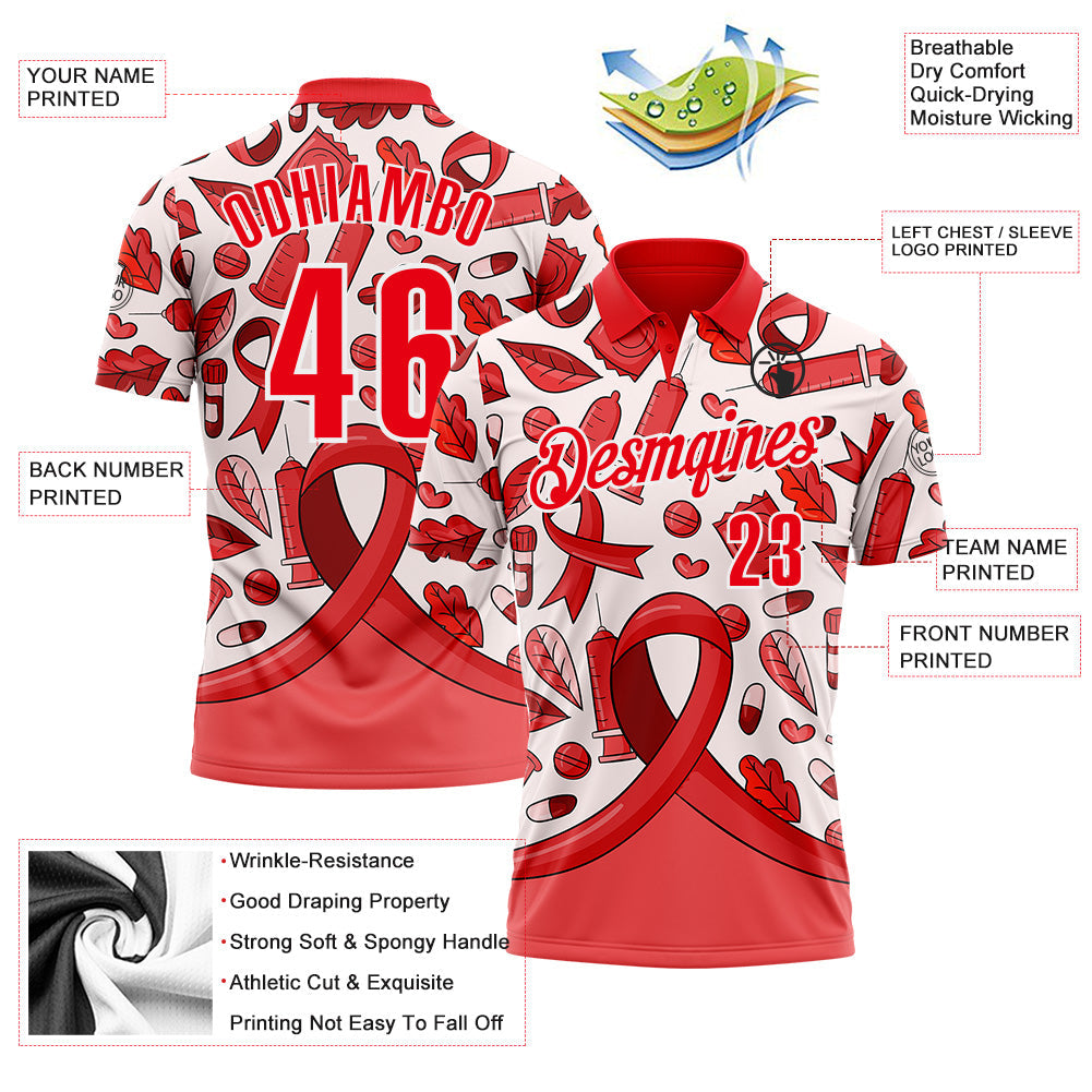 Custom Fire Red White 3D Pattern Design Red Ribbon Blood Cancer Cancer Awareness Performance Polo Shirt view 3