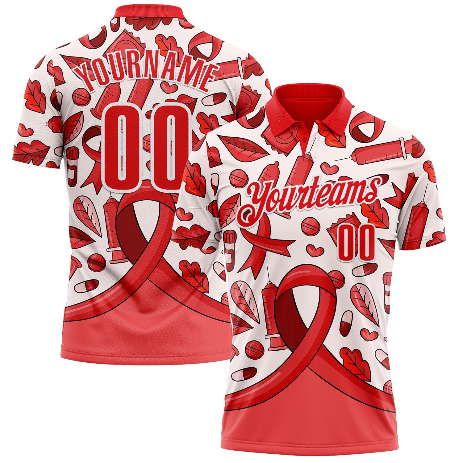 Custom Fire Red White 3D Pattern Design Red Ribbon Blood Cancer Cancer Awareness Performance Polo Shirt - Main View