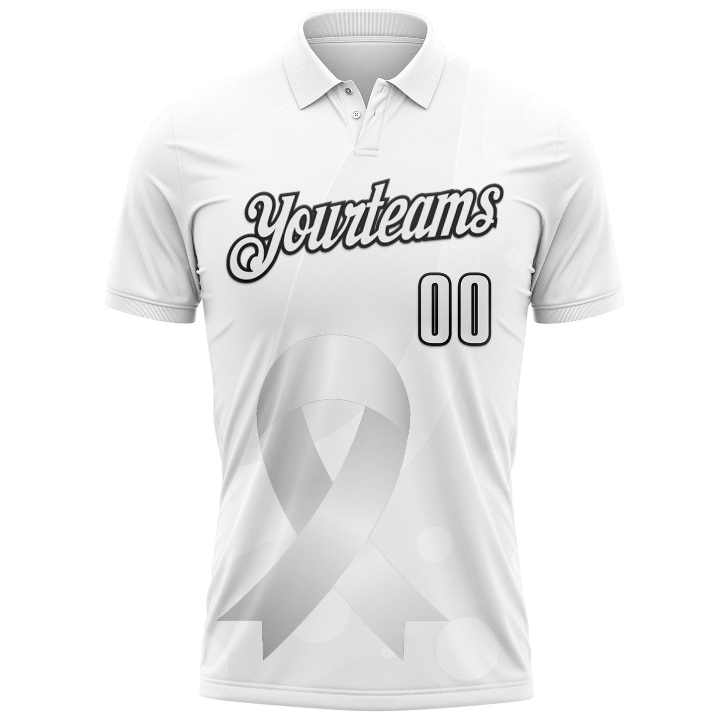 Custom White Black 3D Pattern Design Pear White Ribbon Lung Cancer Cancer Awareness Performance Polo Shirt view 2