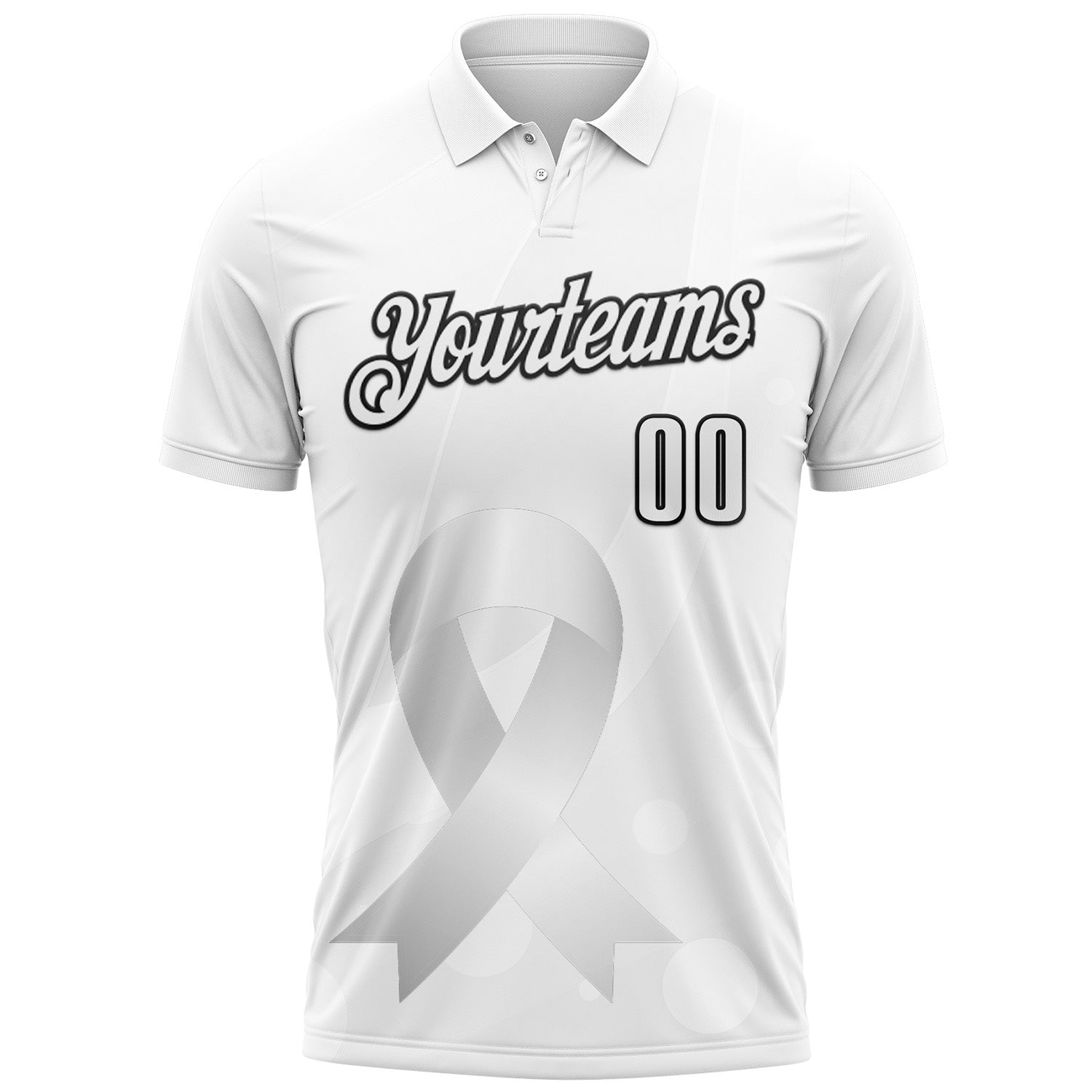 Custom White Black 3D Pattern Design Pear White Ribbon Lung Cancer Cancer Awareness Performance Polo Shirt view 2