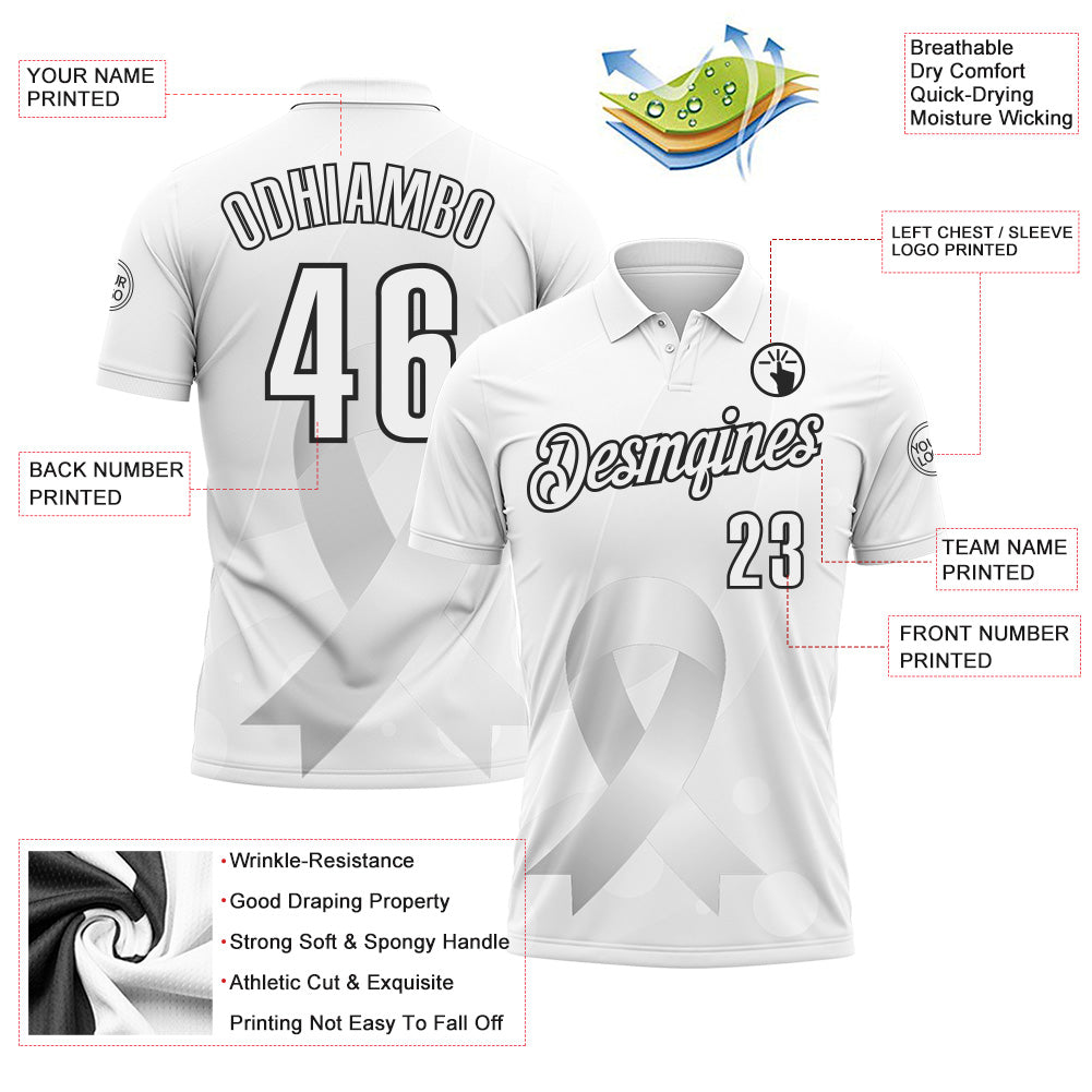 Custom White Black 3D Pattern Design Pear White Ribbon Lung Cancer Cancer Awareness Performance Polo Shirt view 3