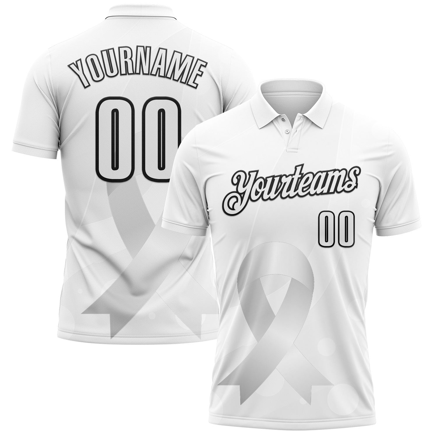 Custom White Black 3D Pattern Design Pear White Ribbon Lung Cancer Cancer Awareness Performance Polo Shirt - Main View