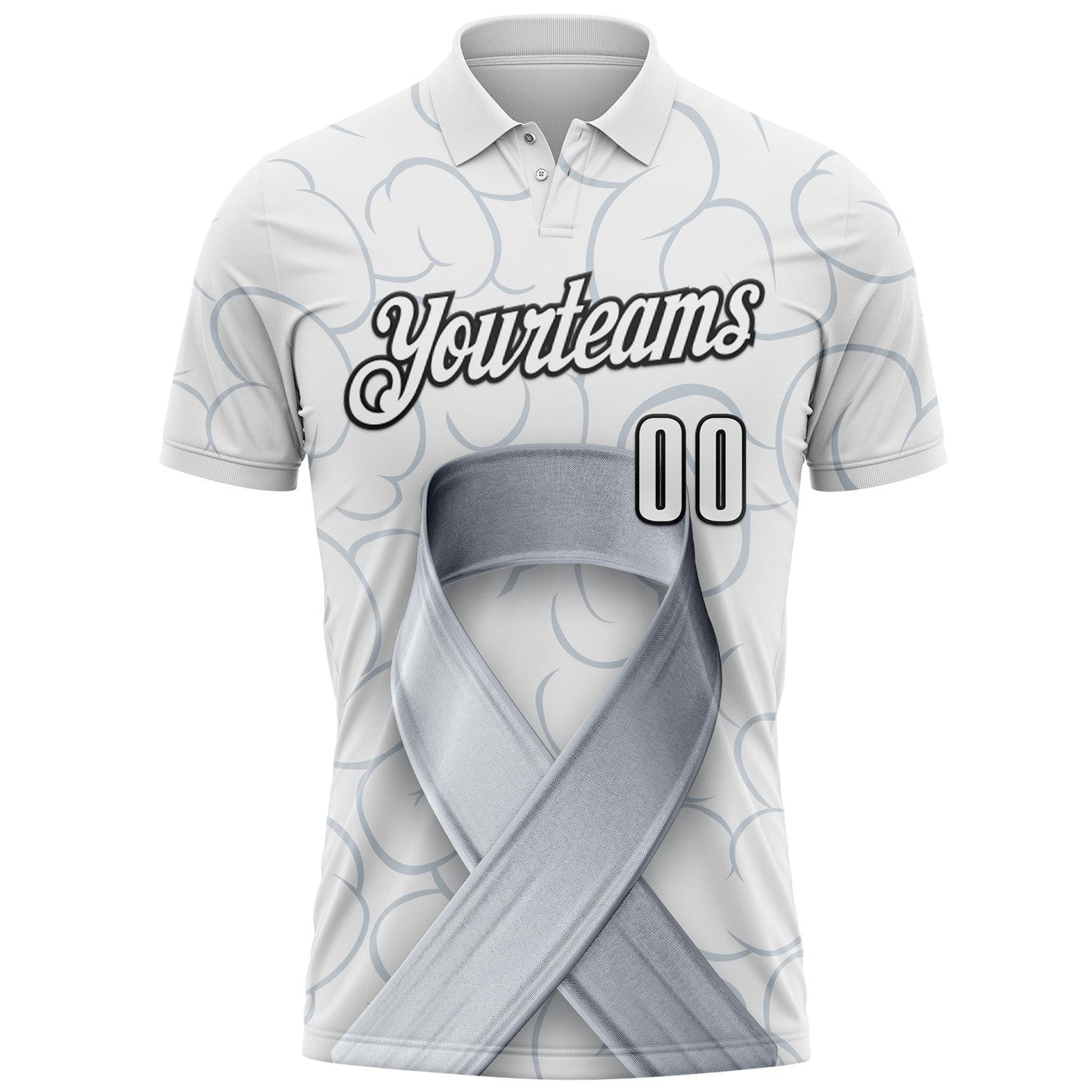 Custom White Black 3D Pattern Design Gray Ribbon Brain Cancer Cancer Awareness Performance Polo Shirt view 2