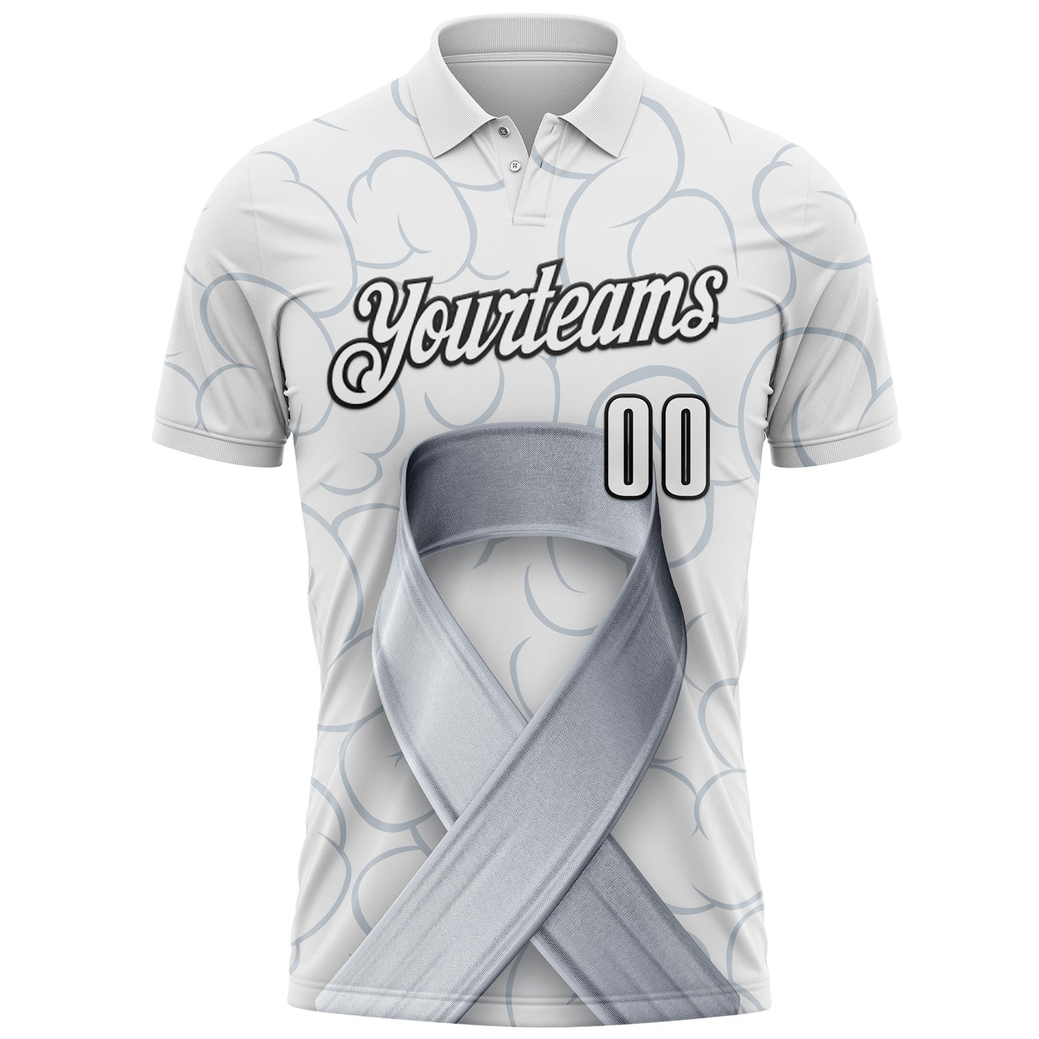Custom White Black 3D Pattern Design Gray Ribbon Brain Cancer Cancer Awareness Performance Polo Shirt view 2
