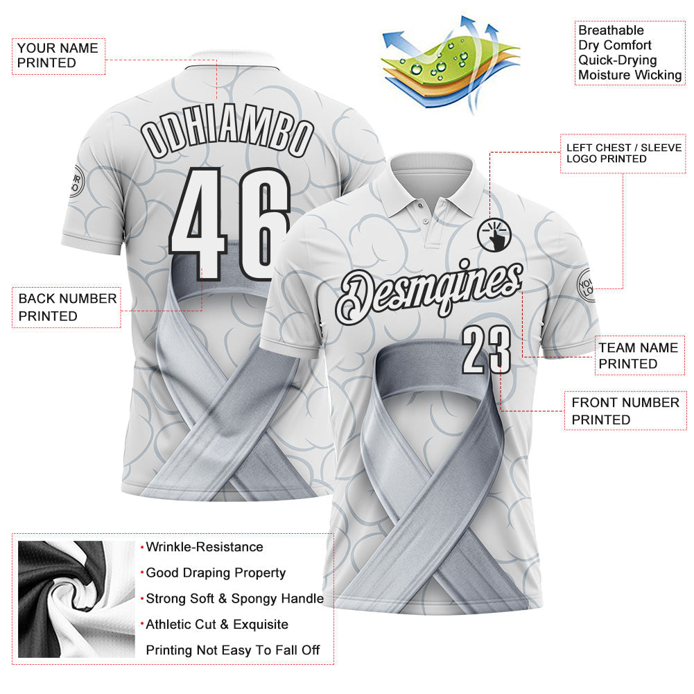 Custom White Black 3D Pattern Design Gray Ribbon Brain Cancer Cancer Awareness Performance Polo Shirt view 3
