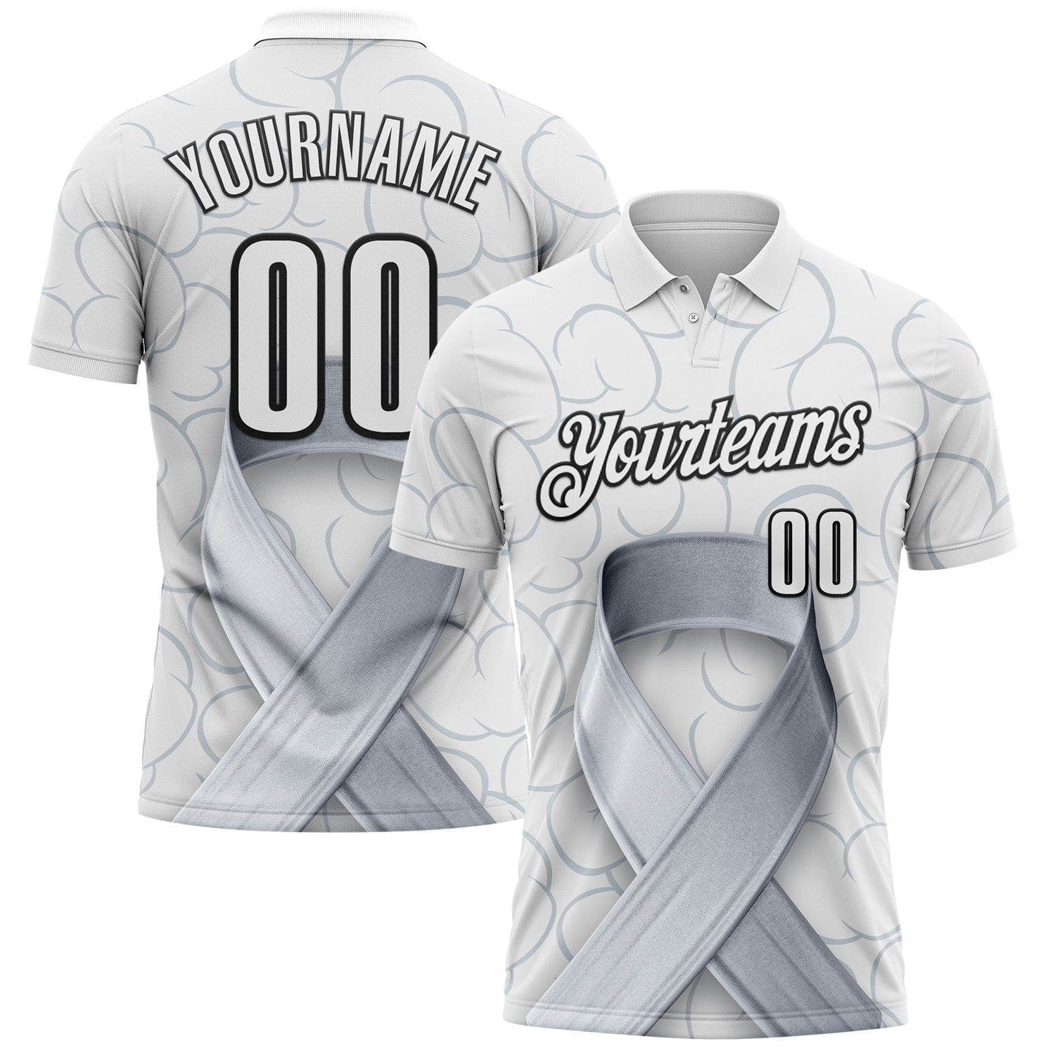 Custom White Black 3D Pattern Design Gray Ribbon Brain Cancer Cancer Awareness Performance Polo Shirt - Main View