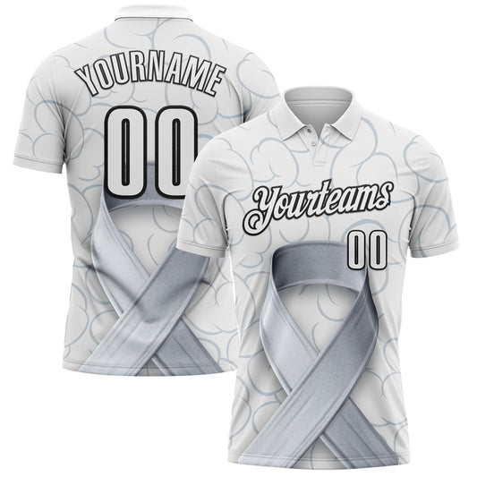 Custom White Black 3D Pattern Design Gray Ribbon Brain Cancer Cancer Awareness Performance Polo Shirt - Main View