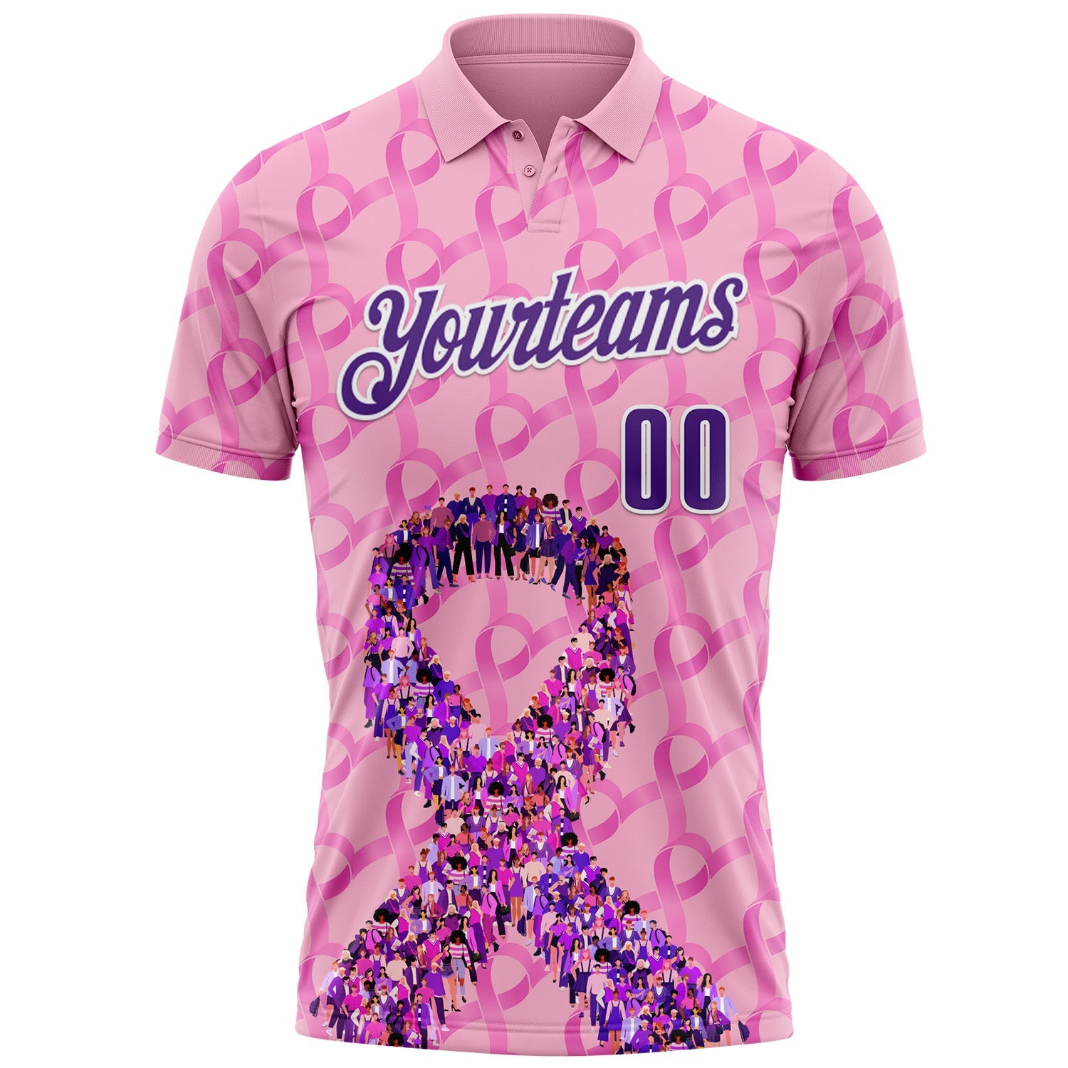 Custom Light Pink Purple-White 3D Pink Ribbon Breast Cancer Awareness Performance Polo Shirt view 2