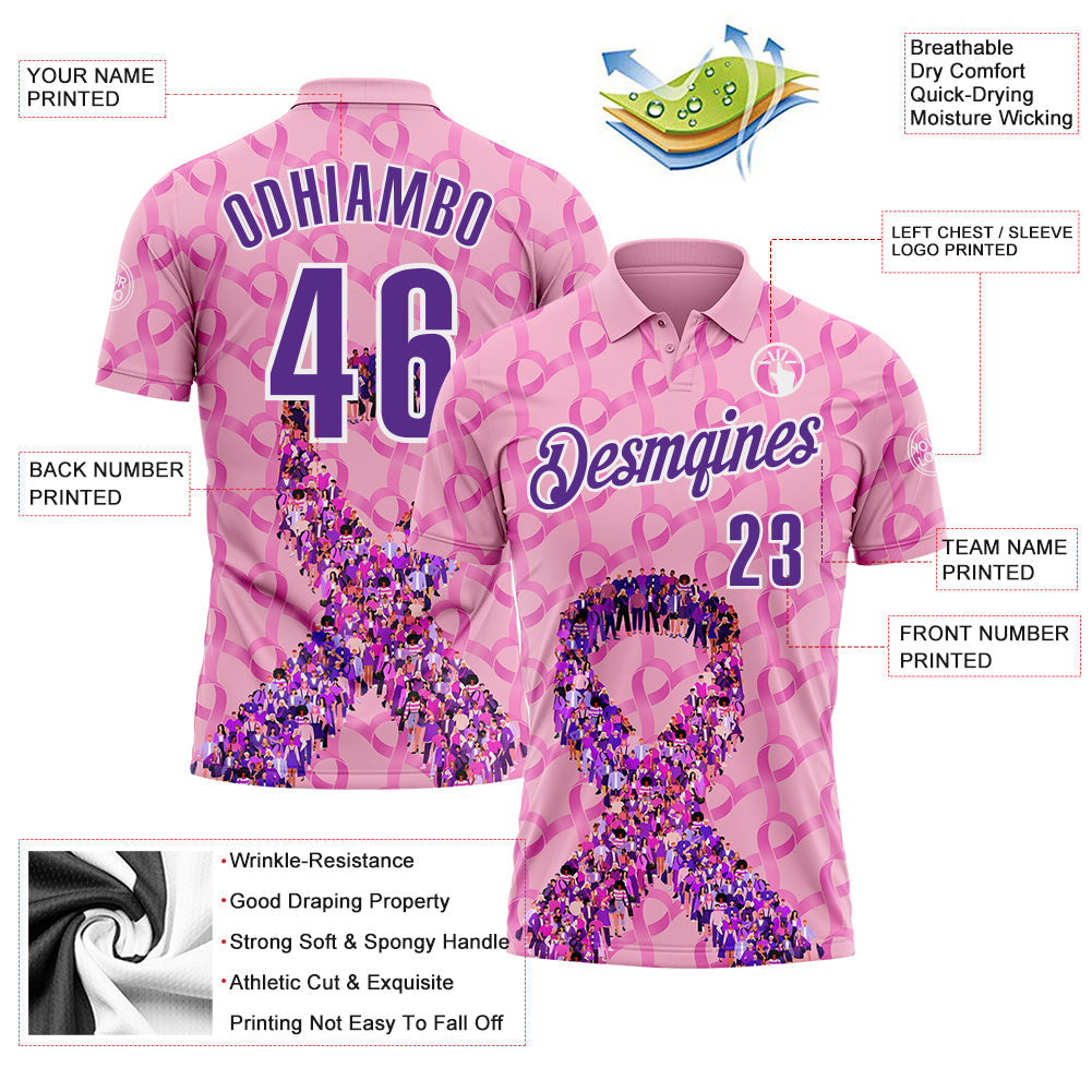 Custom Light Pink Purple-White 3D Pink Ribbon Breast Cancer Awareness Performance Polo Shirt view 3