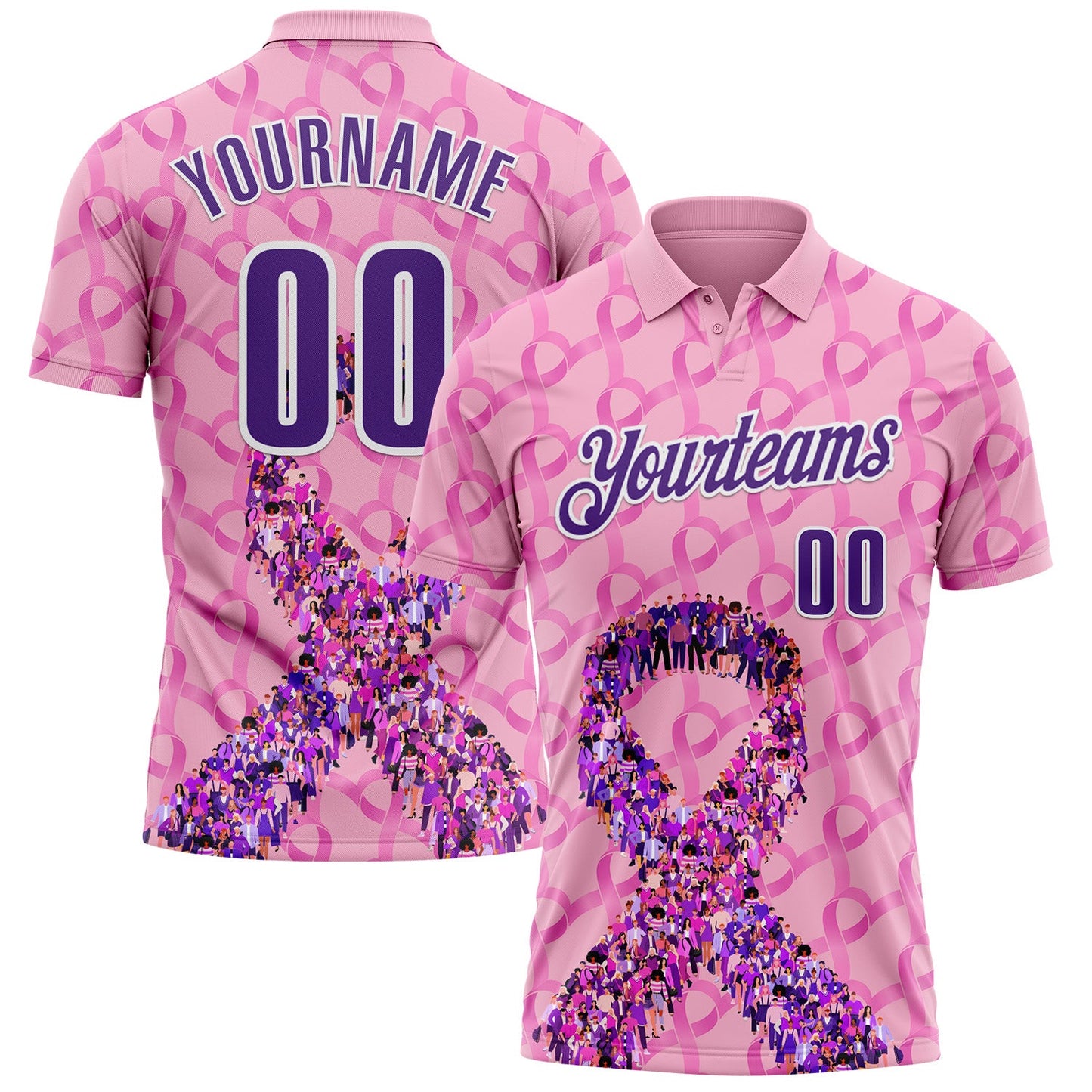 Custom Light Pink Purple-White 3D Pink Ribbon Breast Cancer Awareness Performance Polo Shirt - Main View
