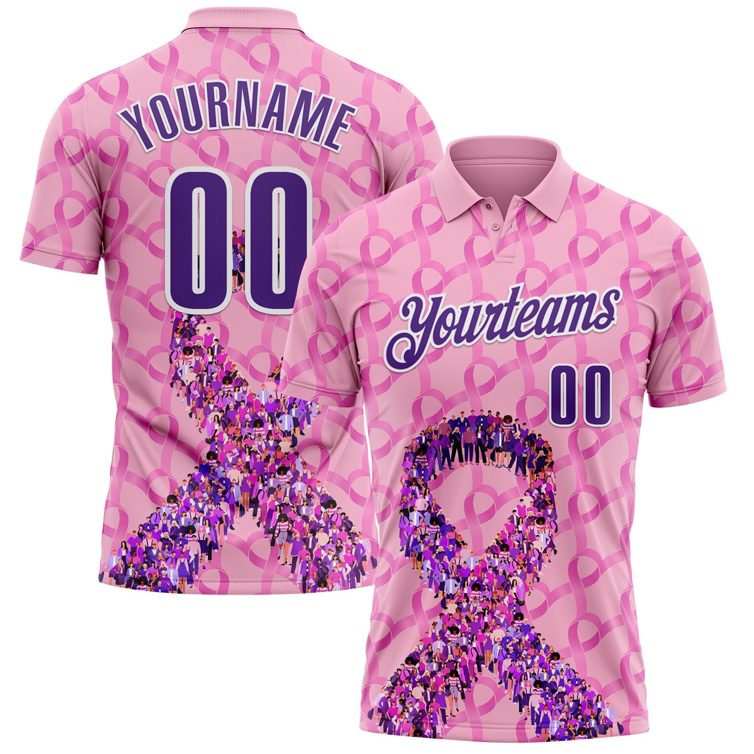 Custom Light Pink Purple-White 3D Pink Ribbon Breast Cancer Awareness Performance Polo Shirt - Main View