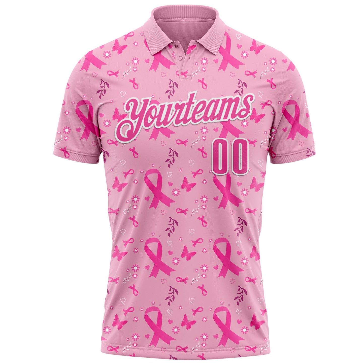 Custom Light Pink Pink-White 3D Pink Ribbon Breast Cancer Awareness Performance Polo Shirt view 2