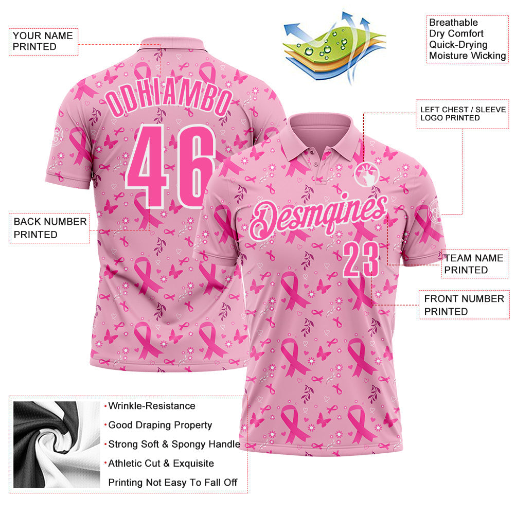 Custom Light Pink Pink-White 3D Pink Ribbon Breast Cancer Awareness Performance Polo Shirt view 3