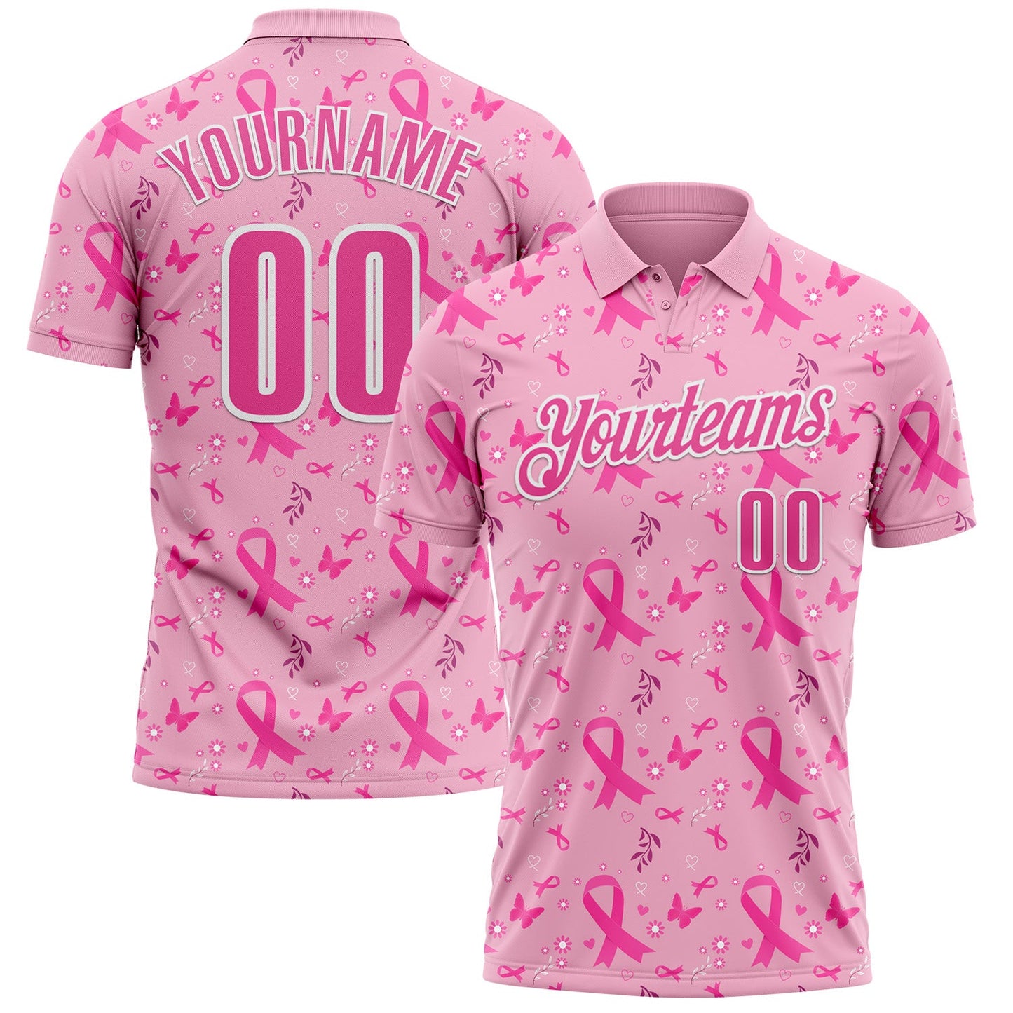 Custom Light Pink Pink-White 3D Pink Ribbon Breast Cancer Awareness Performance Polo Shirt - Main View