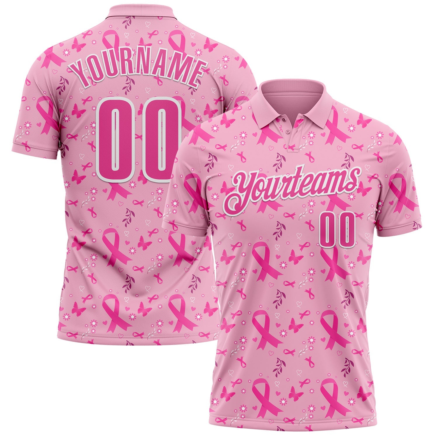Custom Light Pink Pink-White 3D Pink Ribbon Breast Cancer Awareness Performance Polo Shirt - Main View