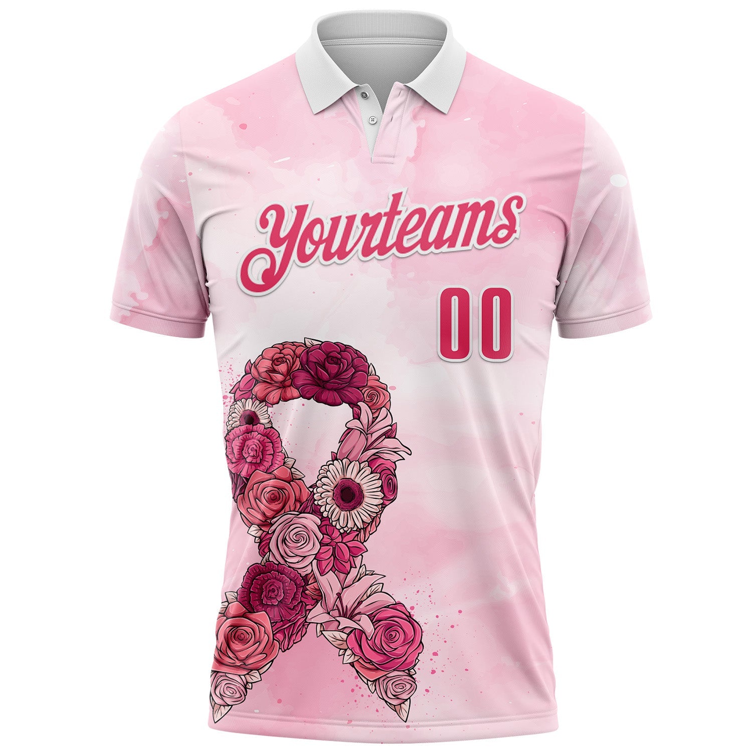 Custom White Neon Pink 3D Pink Ribbon Breast Cancer Awareness Performance Polo Shirt view 2