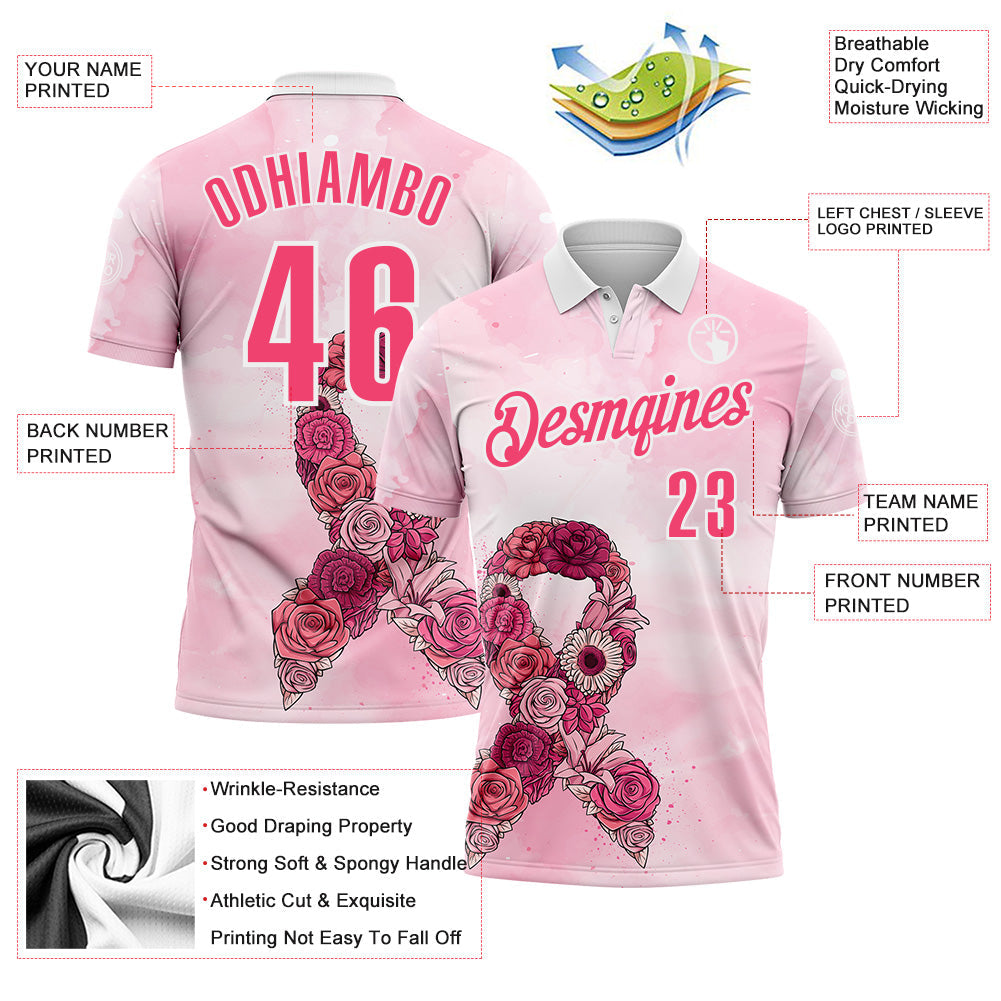 Custom White Neon Pink 3D Pink Ribbon Breast Cancer Awareness Performance Polo Shirt view 3