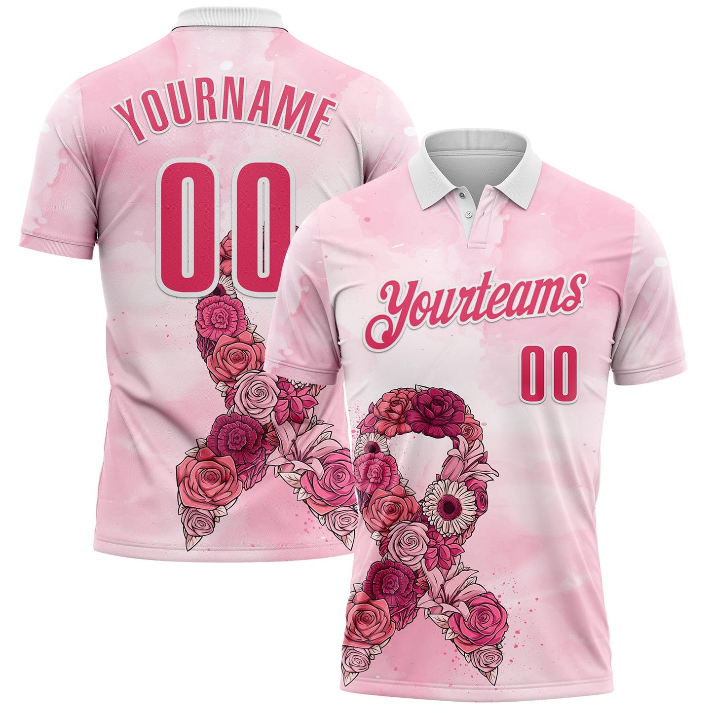 Custom White Neon Pink 3D Pink Ribbon Breast Cancer Awareness Performance Polo Shirt - Main View