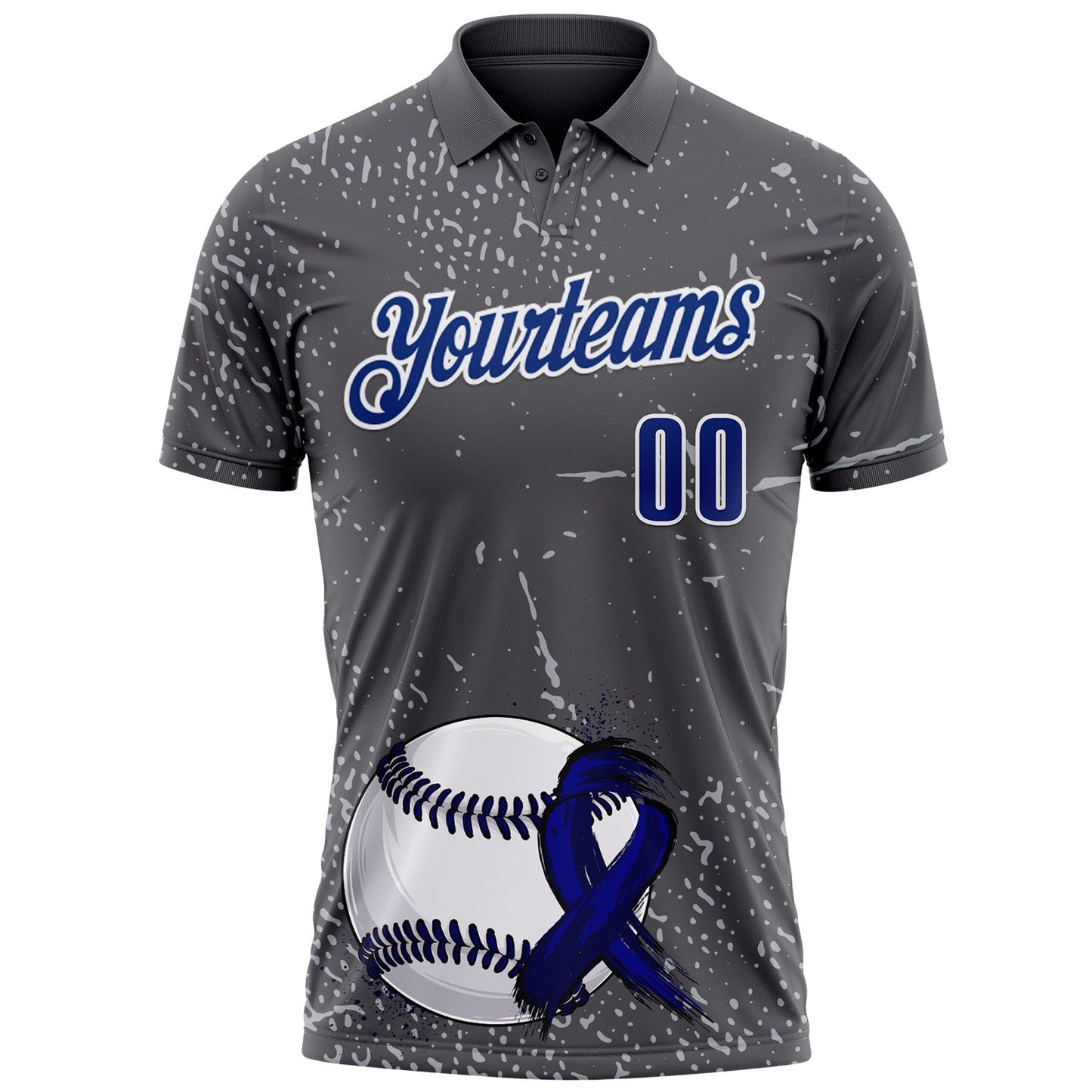 Custom Steel Gray Royal-White 3D Pattern Design Dark Blue Ribbon Colorectal Cancer Awareness Colon Fight CRC Performance Polo Shirt view 2
