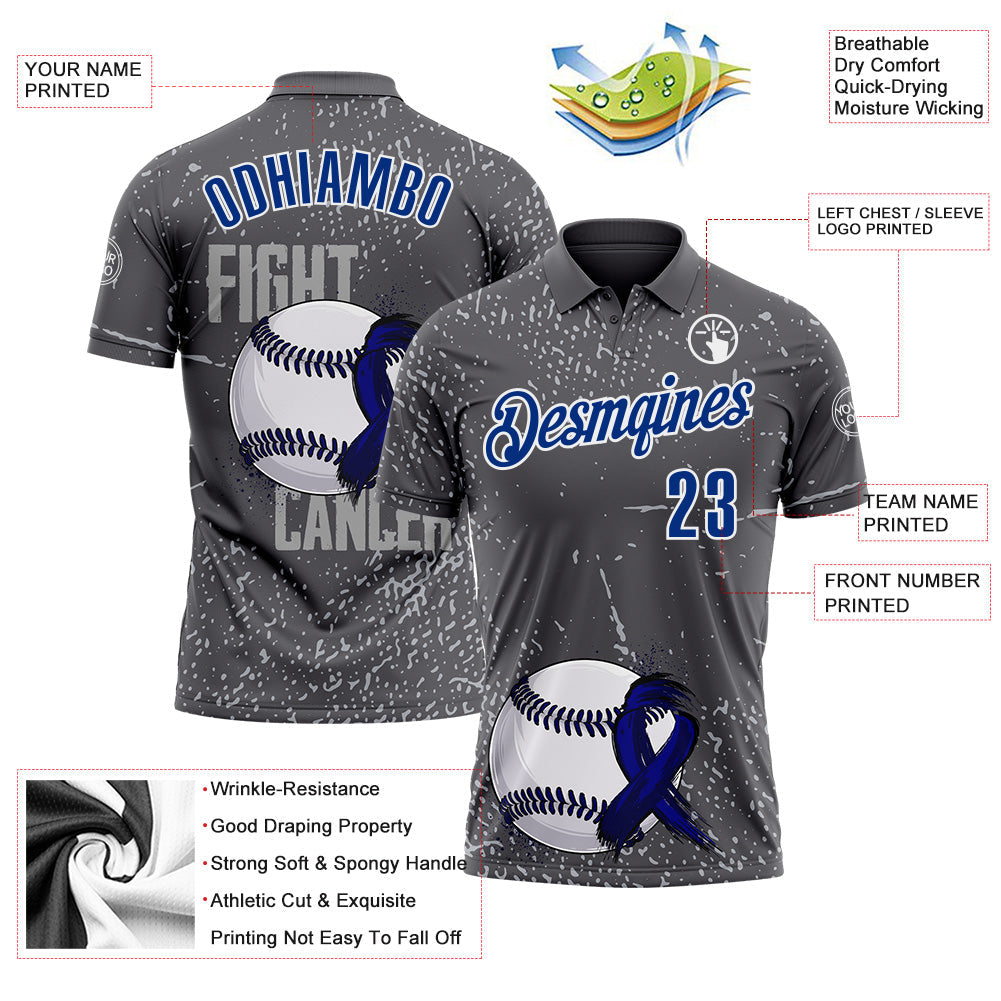 Custom Steel Gray Royal-White 3D Pattern Design Dark Blue Ribbon Colorectal Cancer Awareness Colon Fight CRC Performance Polo Shirt view 3