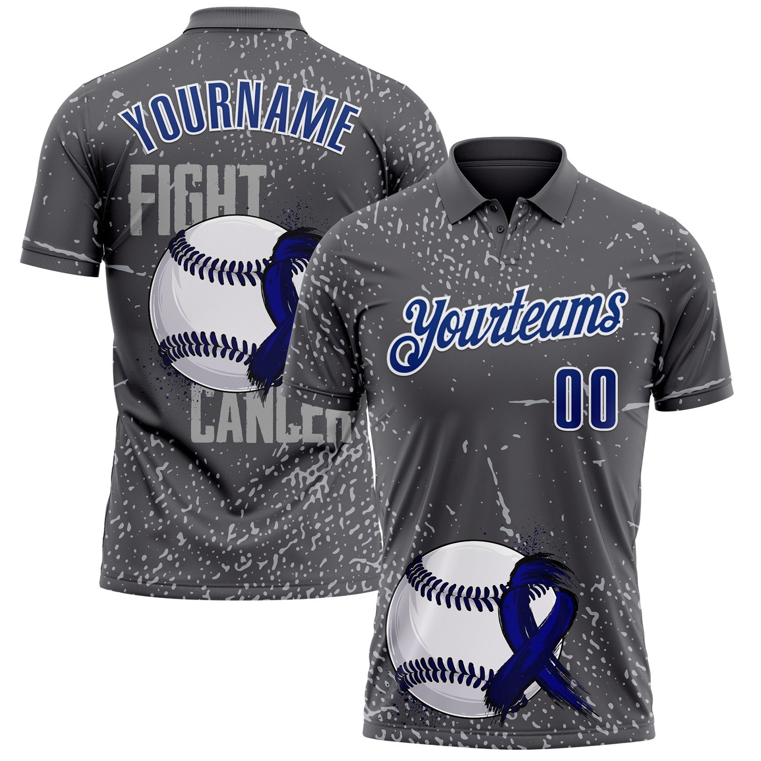 Custom Steel Gray Royal-White 3D Pattern Design Dark Blue Ribbon Colorectal Cancer Awareness Colon Fight CRC Performance Polo Shirt - Main View