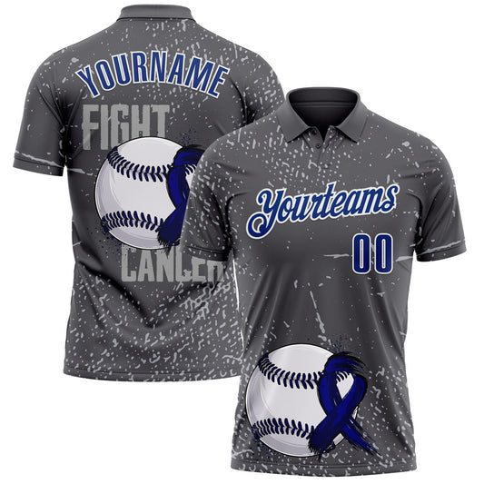 Custom Steel Gray Royal-White 3D Pattern Design Dark Blue Ribbon Colorectal Cancer Awareness Colon Fight CRC Performance Polo Shirt - Main View