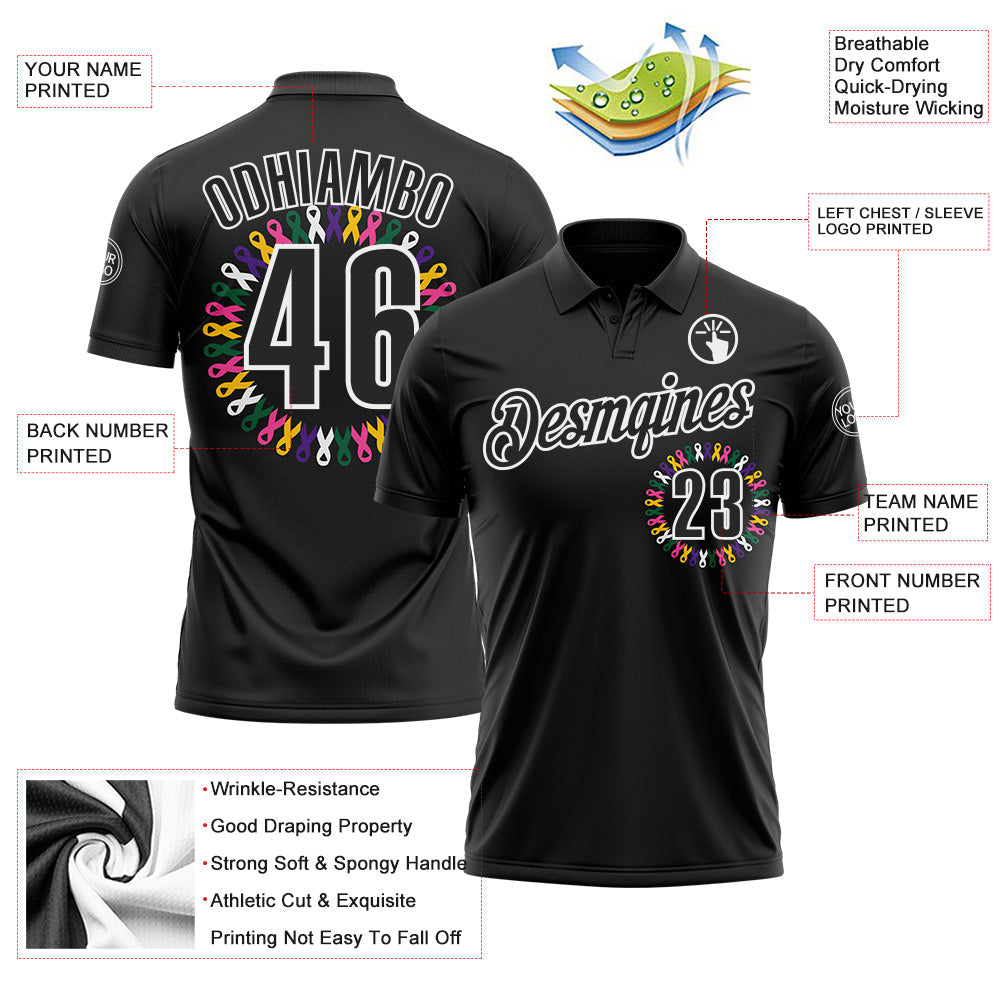 Custom Black White 3D Pattern Design Ribbon Cancer Awareness World Cancer Day Performance Polo Shirt view 3