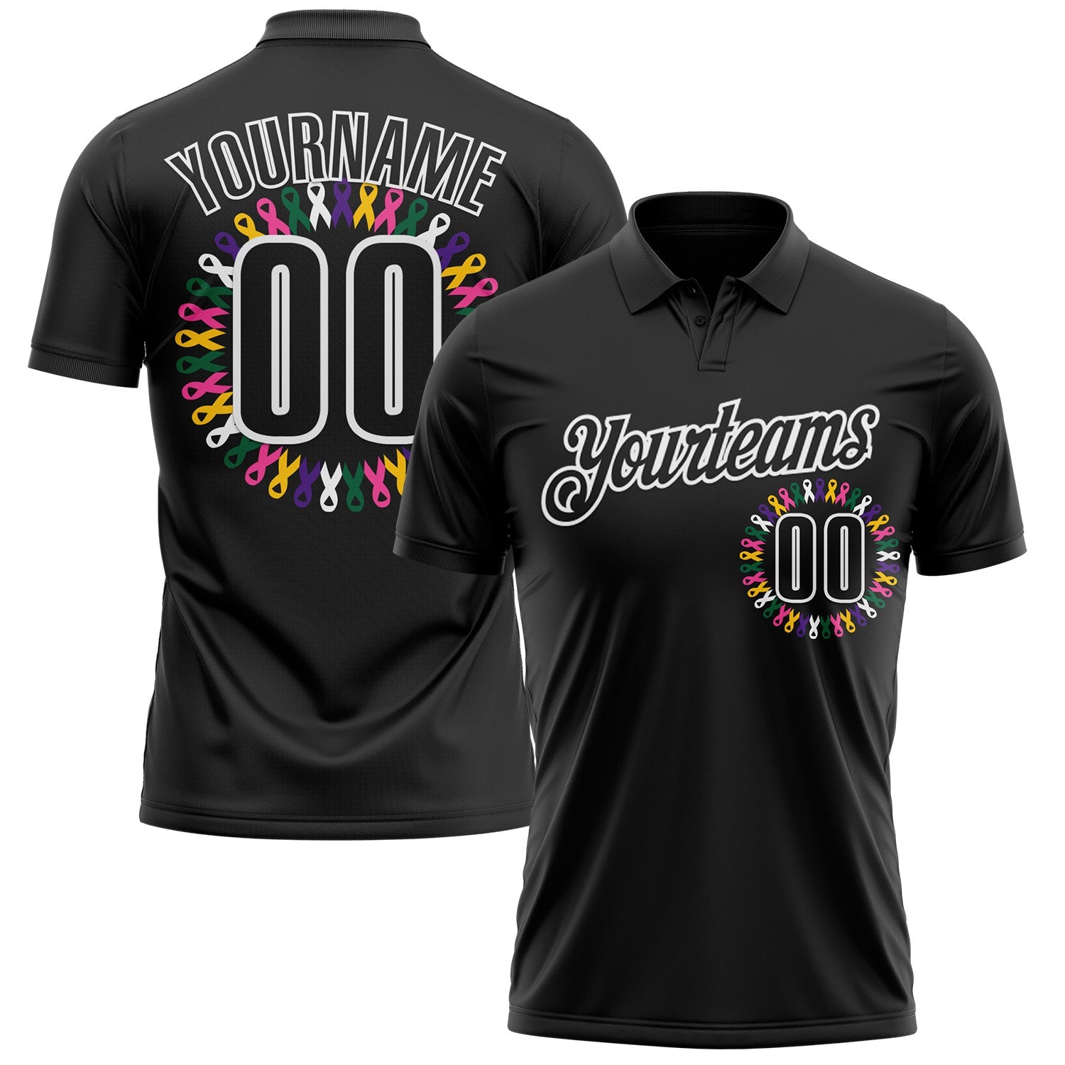 Custom Black White 3D Pattern Design Ribbon Cancer Awareness World Cancer Day Performance Polo Shirt - Main View