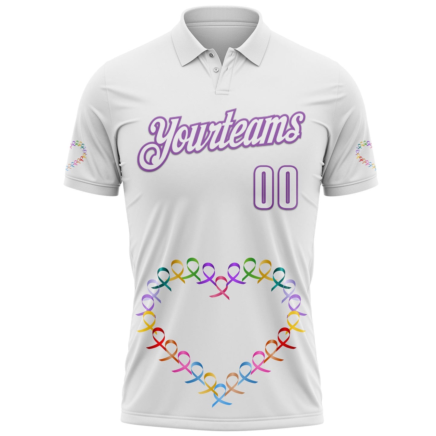Custom White Medium Purple 3D Pattern Design Ribbon Cancer Awareness World Cancer Day Performance Polo Shirt view 2