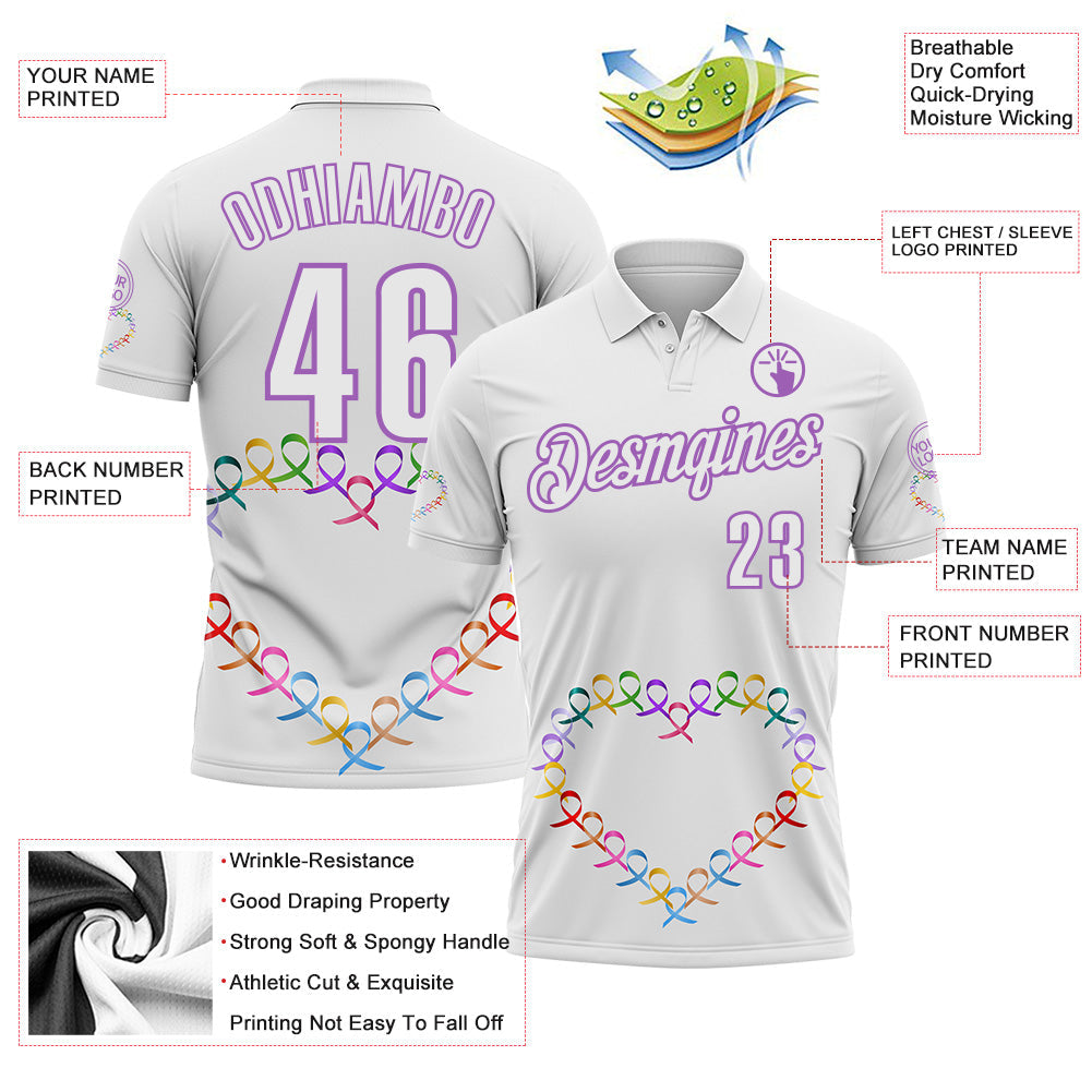 Custom White Medium Purple 3D Pattern Design Ribbon Cancer Awareness World Cancer Day Performance Polo Shirt view 3