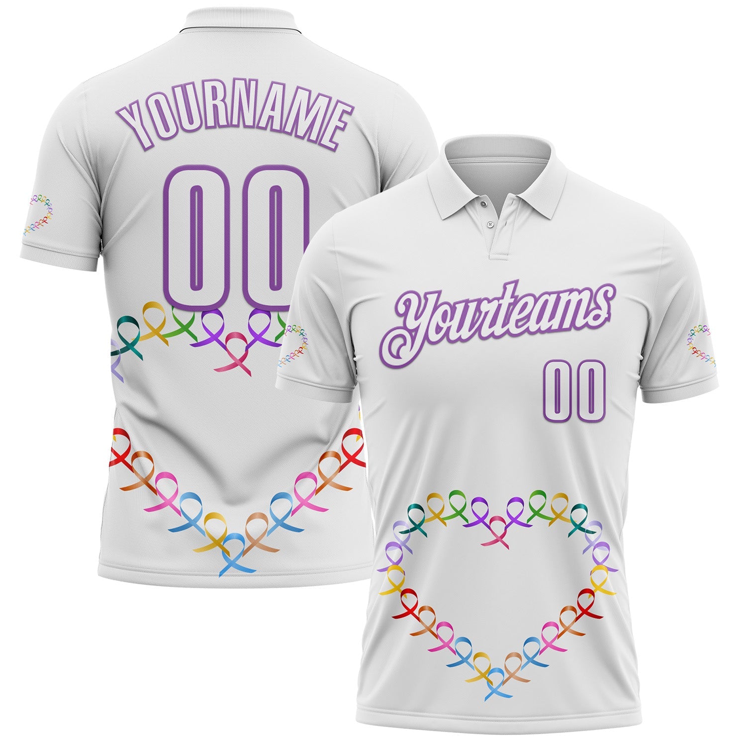 Custom White Medium Purple 3D Pattern Design Ribbon Cancer Awareness World Cancer Day Performance Polo Shirt - Main View