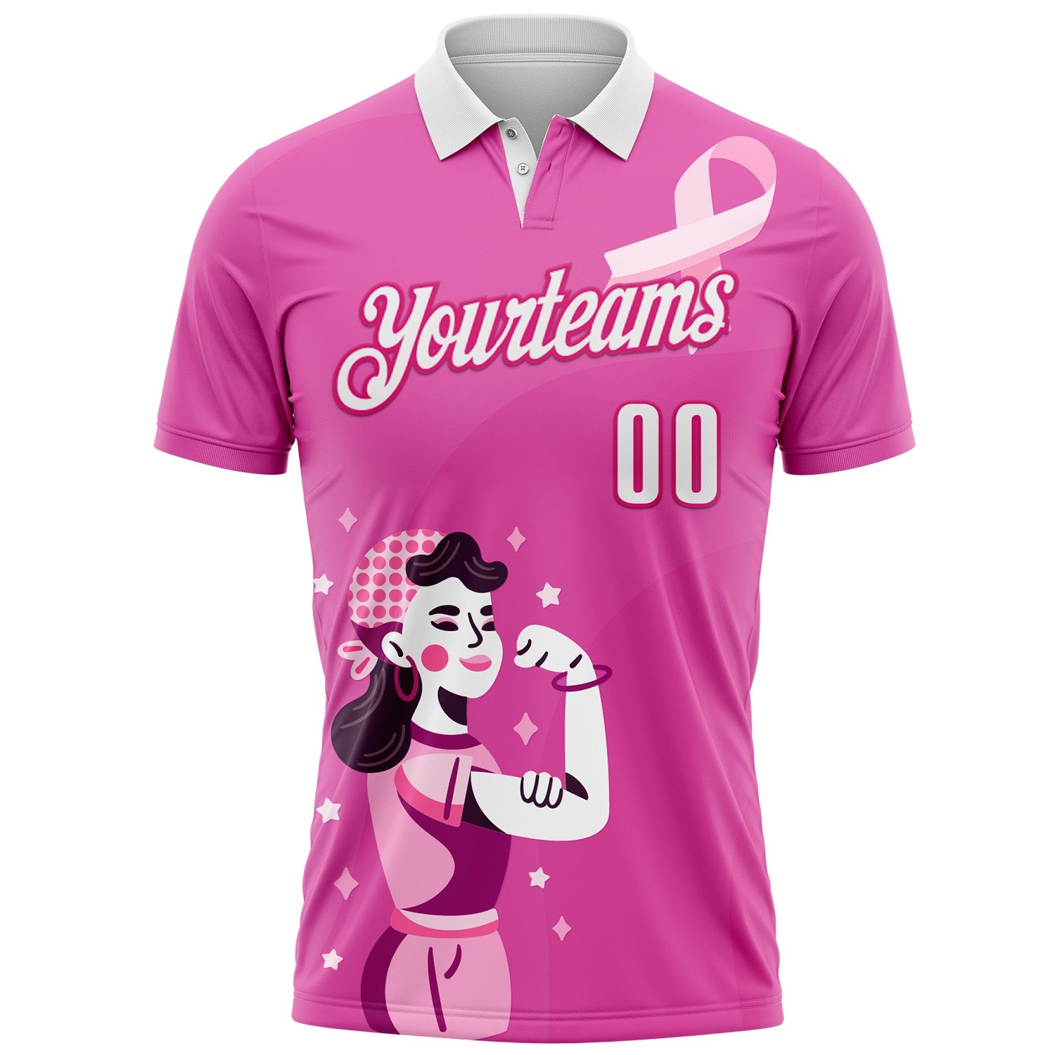 Custom Pink White-Hot Pink 3D Pink Ribbon Breast Cancer Awareness Performance Polo Shirt view 2