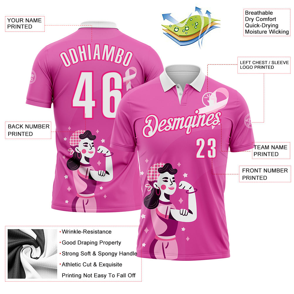 Custom Pink White-Hot Pink 3D Pink Ribbon Breast Cancer Awareness Performance Polo Shirt view 3