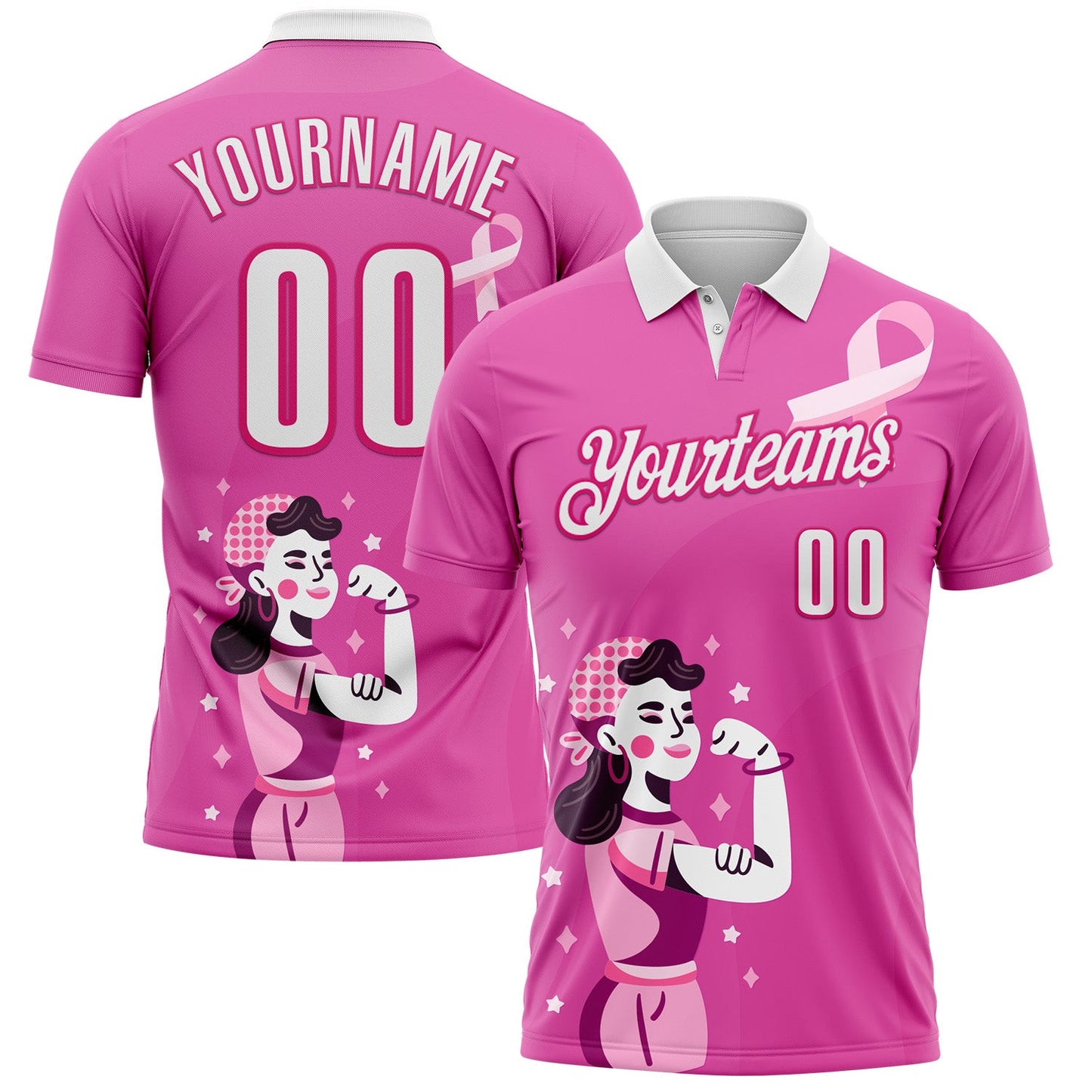Custom Pink White-Hot Pink 3D Pink Ribbon Breast Cancer Awareness Performance Polo Shirt - Main View