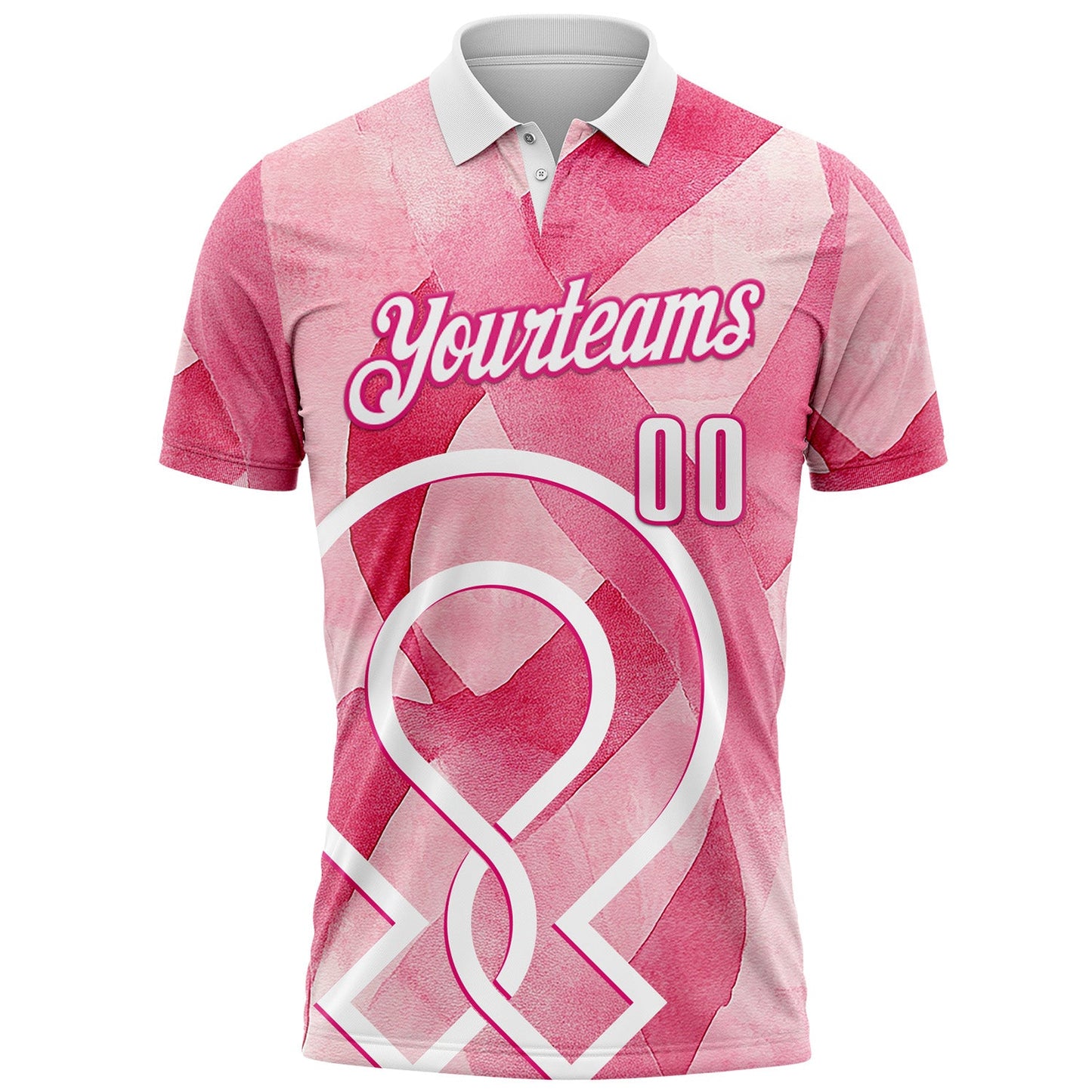 Custom Pink White-Hot Pink 3D Pink Ribbon Breast Cancer Awareness Performance Polo Shirt view 2