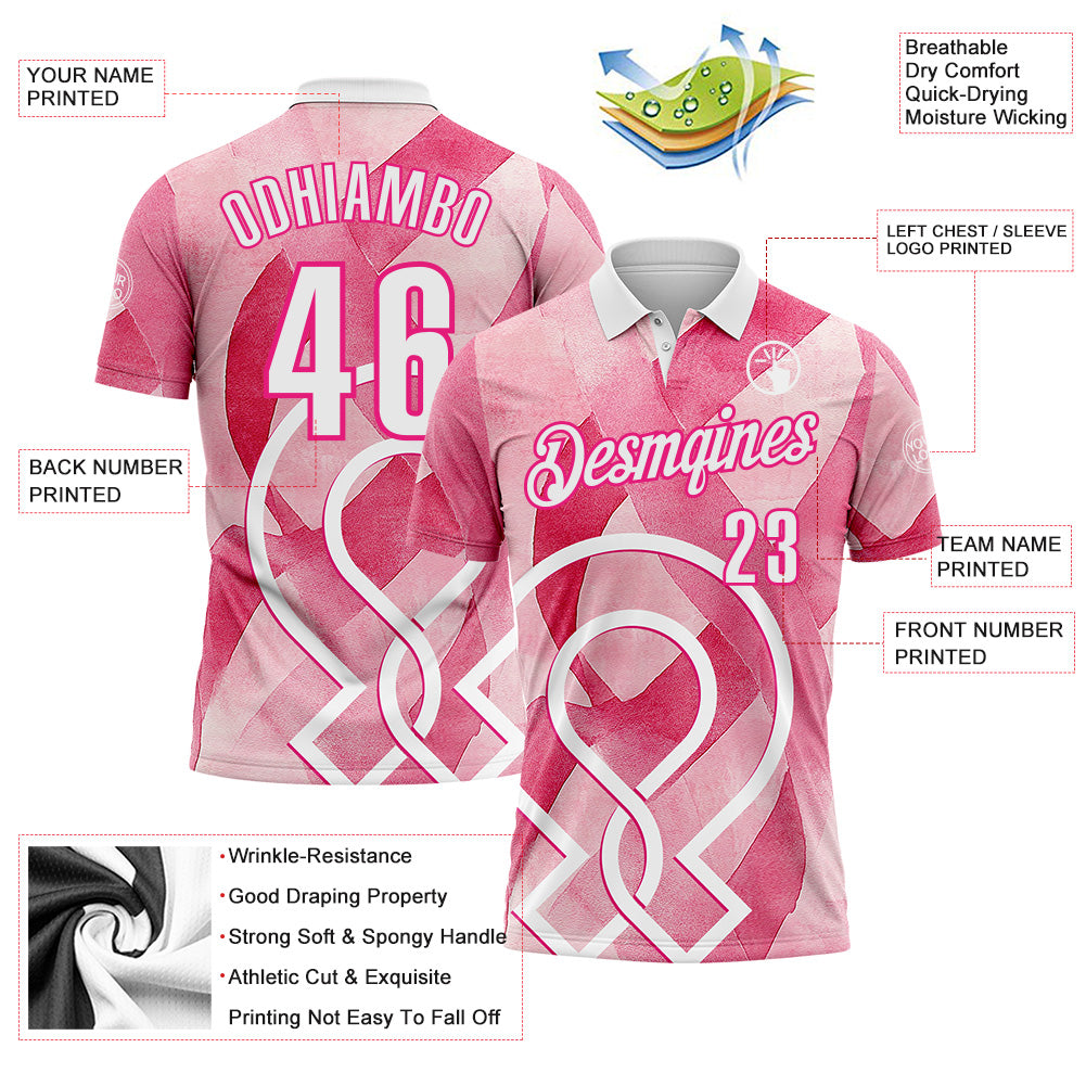 Custom Pink White-Hot Pink 3D Pink Ribbon Breast Cancer Awareness Performance Polo Shirt view 3