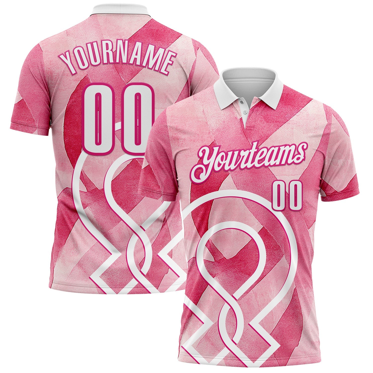 Custom Pink White-Hot Pink 3D Pink Ribbon Breast Cancer Awareness Performance Polo Shirt - Main View